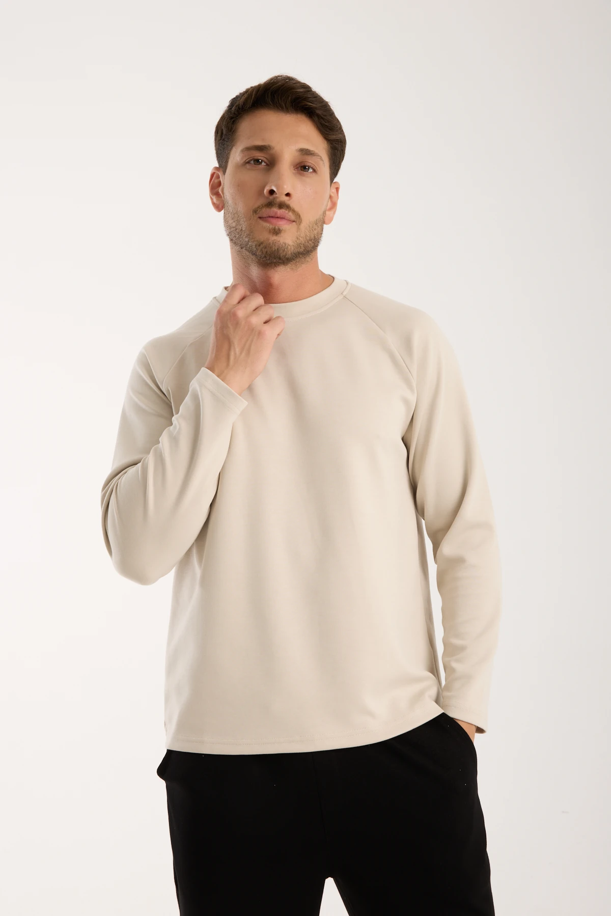 Erkek Bisiklet Yaka Konforlu Sweatshirt - taş