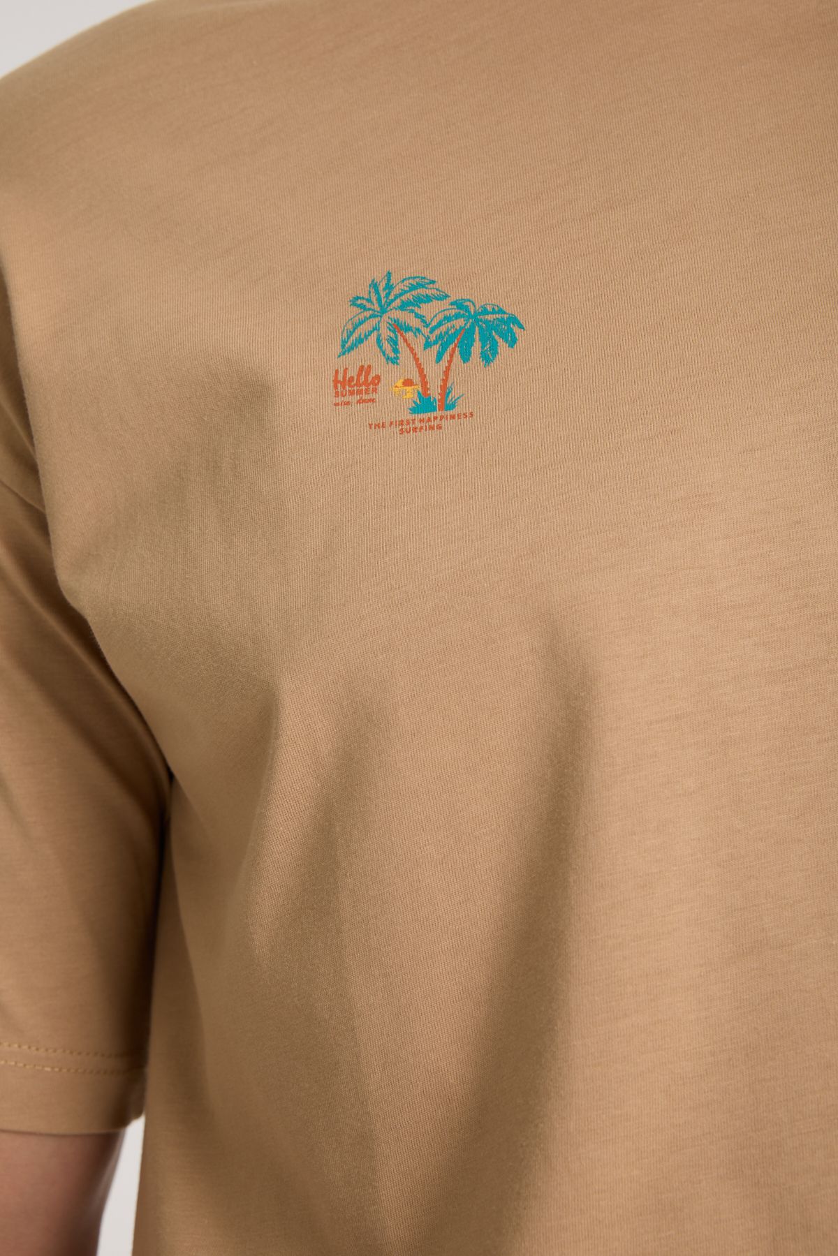 Erkek Camel Oversize Sırt Baskılı %100 Pamuk T-shirt - camel