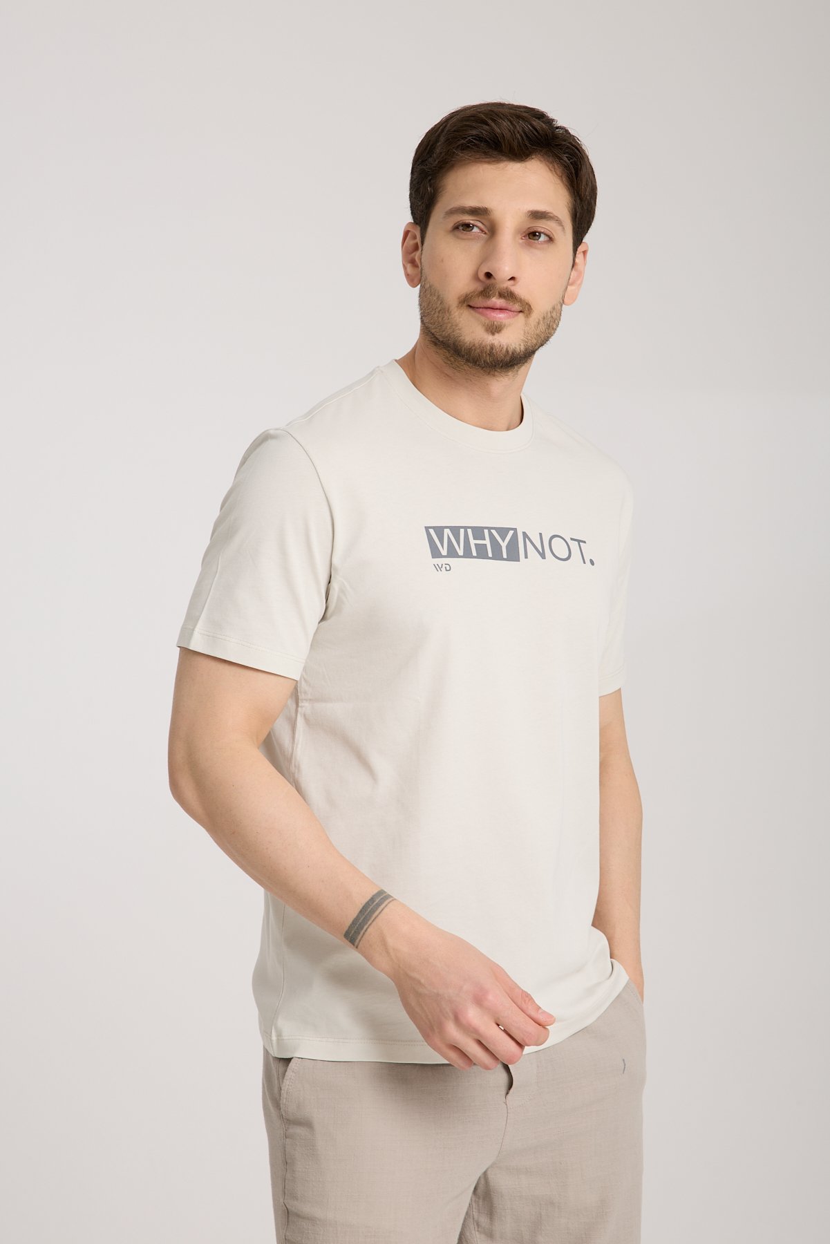Erkek %100 Pamuk Rahat Kesim Baskılı T-shirt - taş