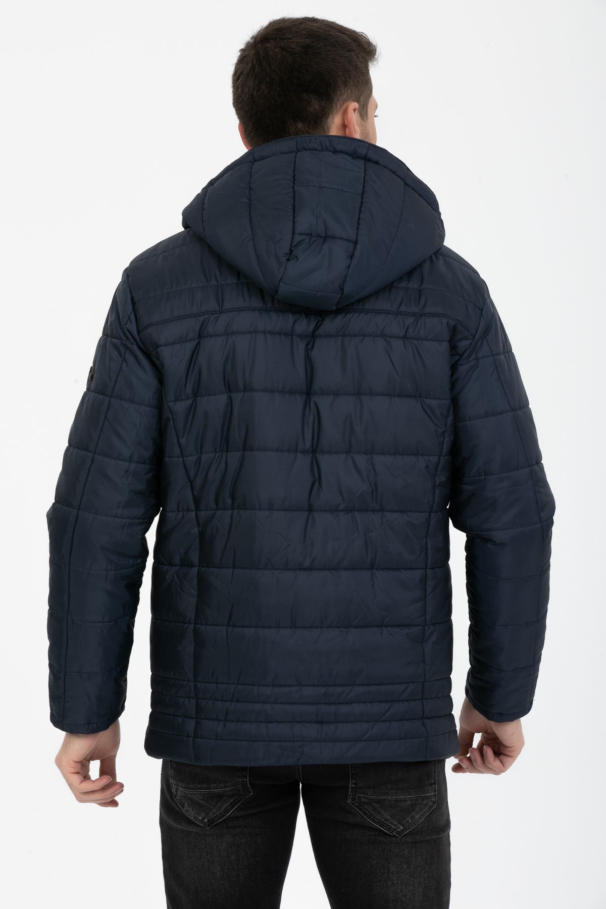 Erkek Kapüşonlu İçi Polarlı %100 Polyester Şişme Mont - lacivert