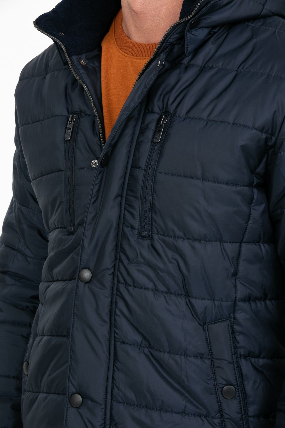 Erkek Kapüşonlu İçi Polarlı %100 Polyester Şişme Mont - lacivert