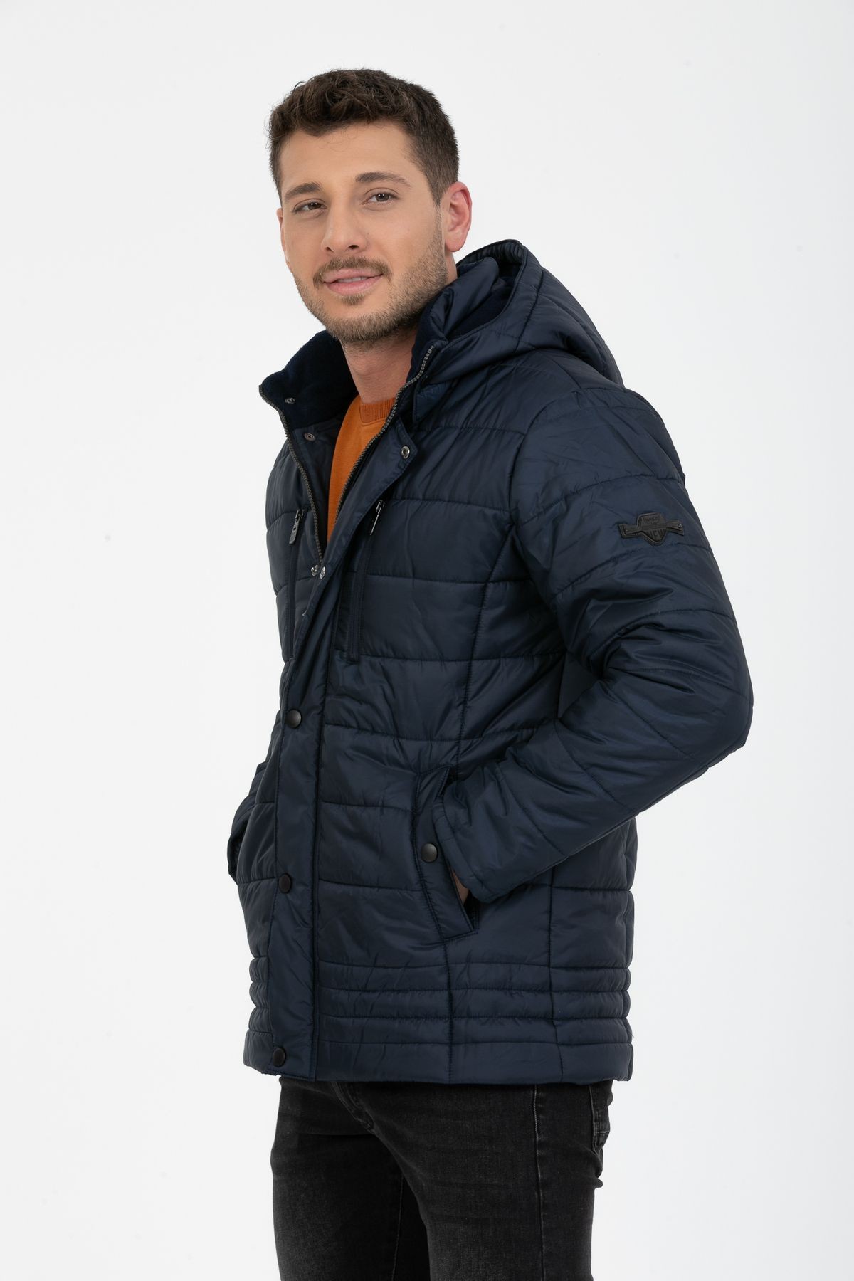 Erkek Kapüşonlu İçi Polarlı %100 Polyester Şişme Mont - lacivert