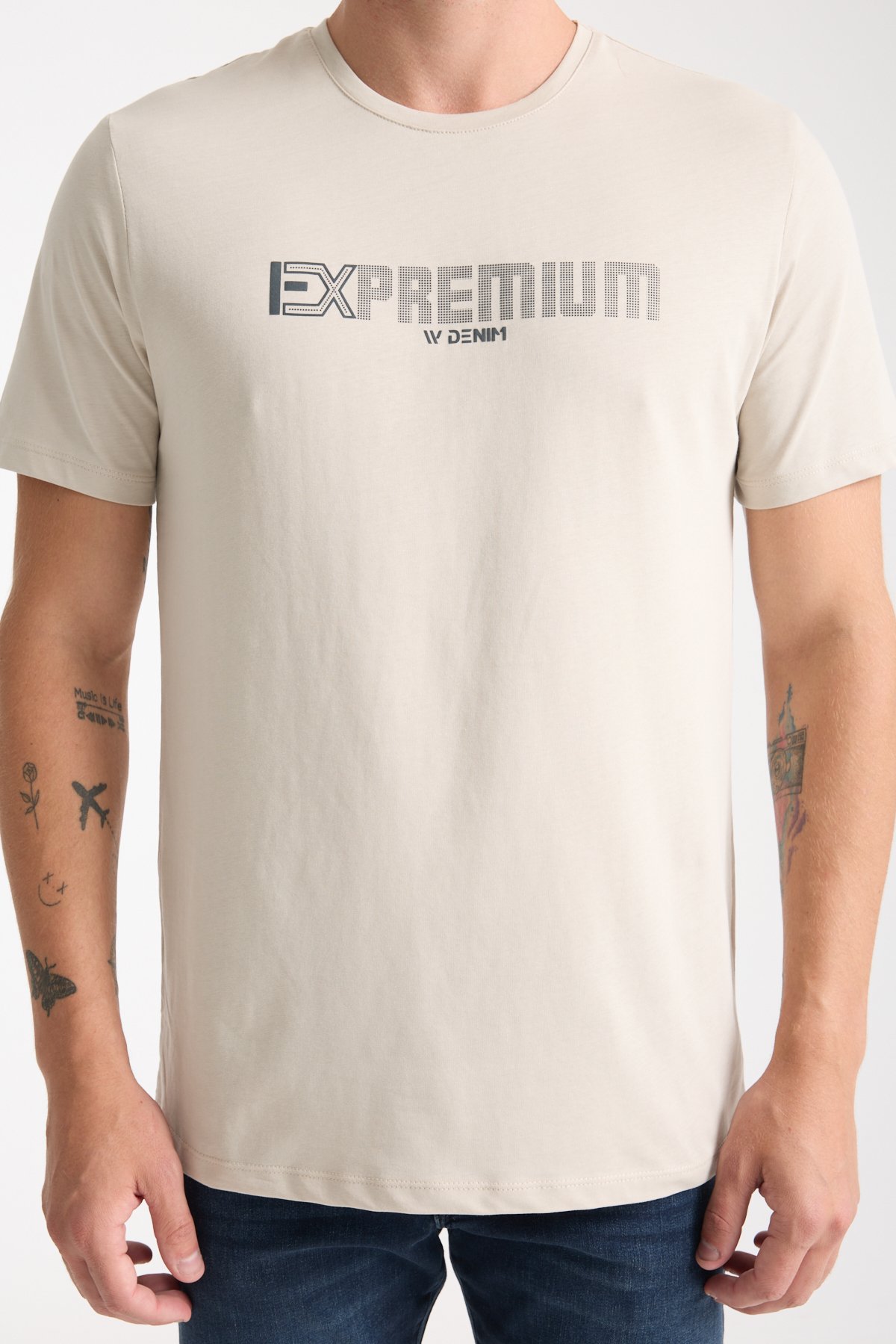 Erkek %100 Pamuk Rahat Kesim Baskılı T-shirt - taş