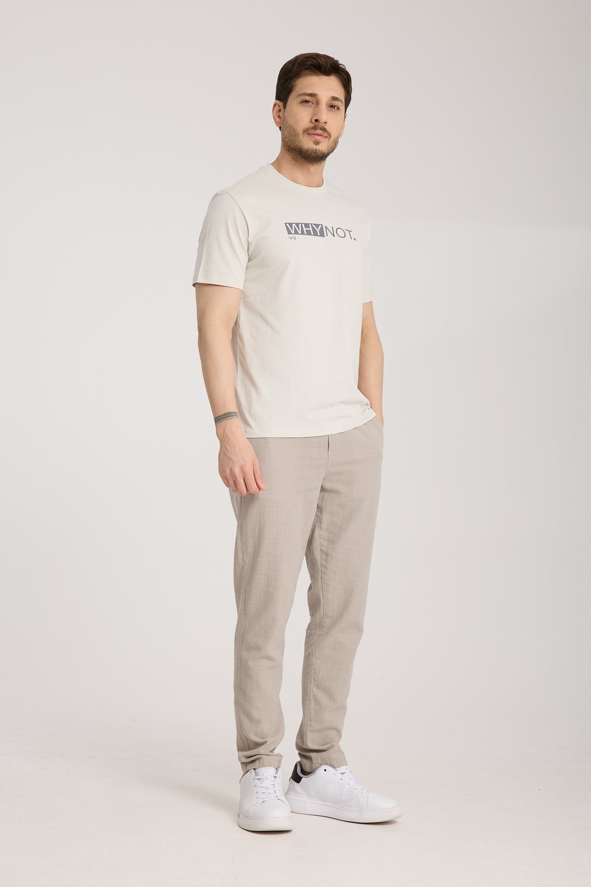 Erkek %100 Pamuk Rahat Kesim Baskılı T-shirt - taş