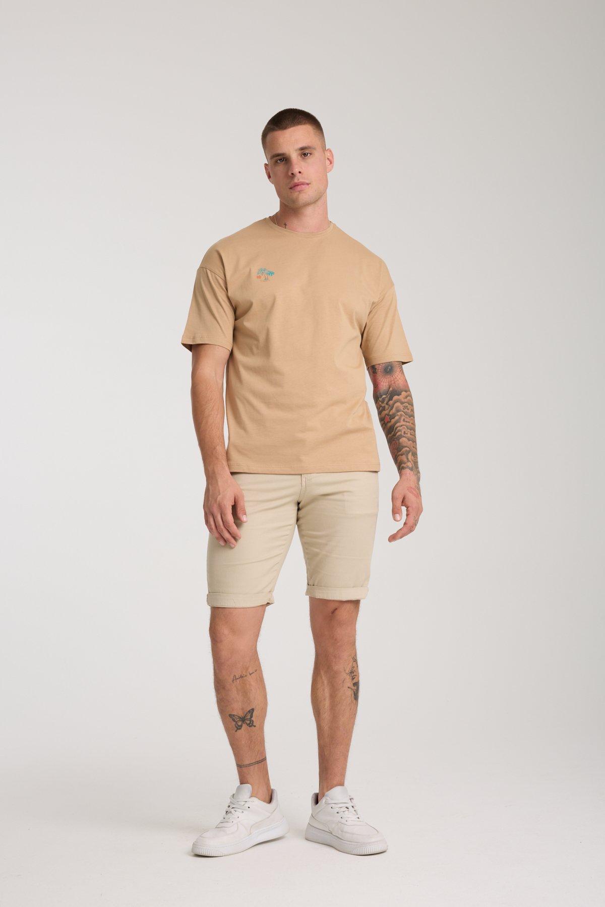 Erkek Camel Oversize Sırt Baskılı %100 Pamuk T-shirt - camel