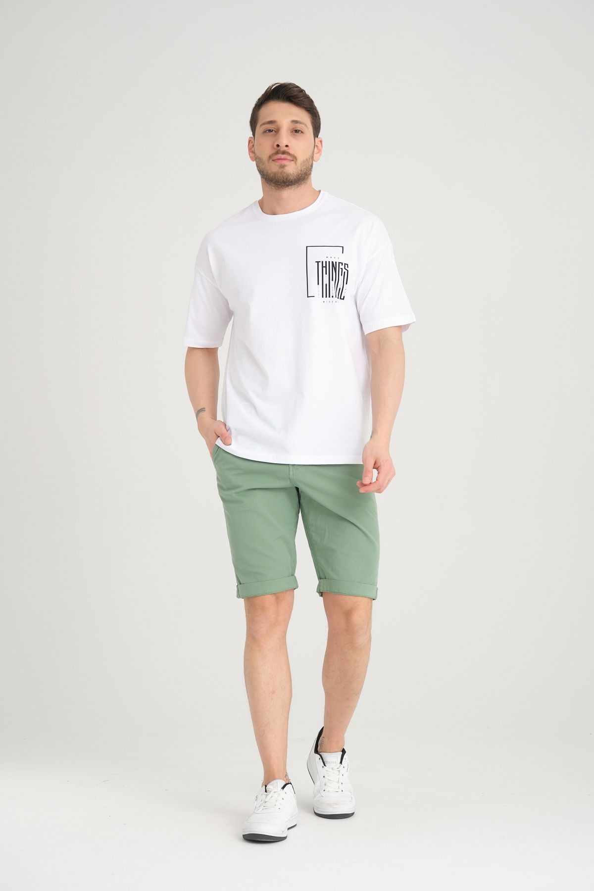 Erkek Oversize %100 Pamuk Baskılı T-shirt - beyaz