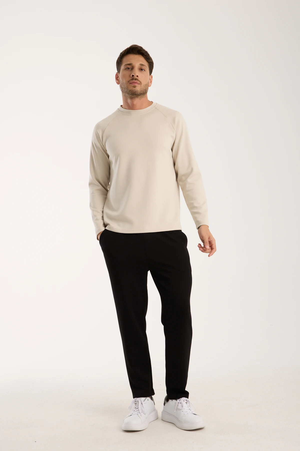 Erkek Bisiklet Yaka Konforlu Sweatshirt - taş