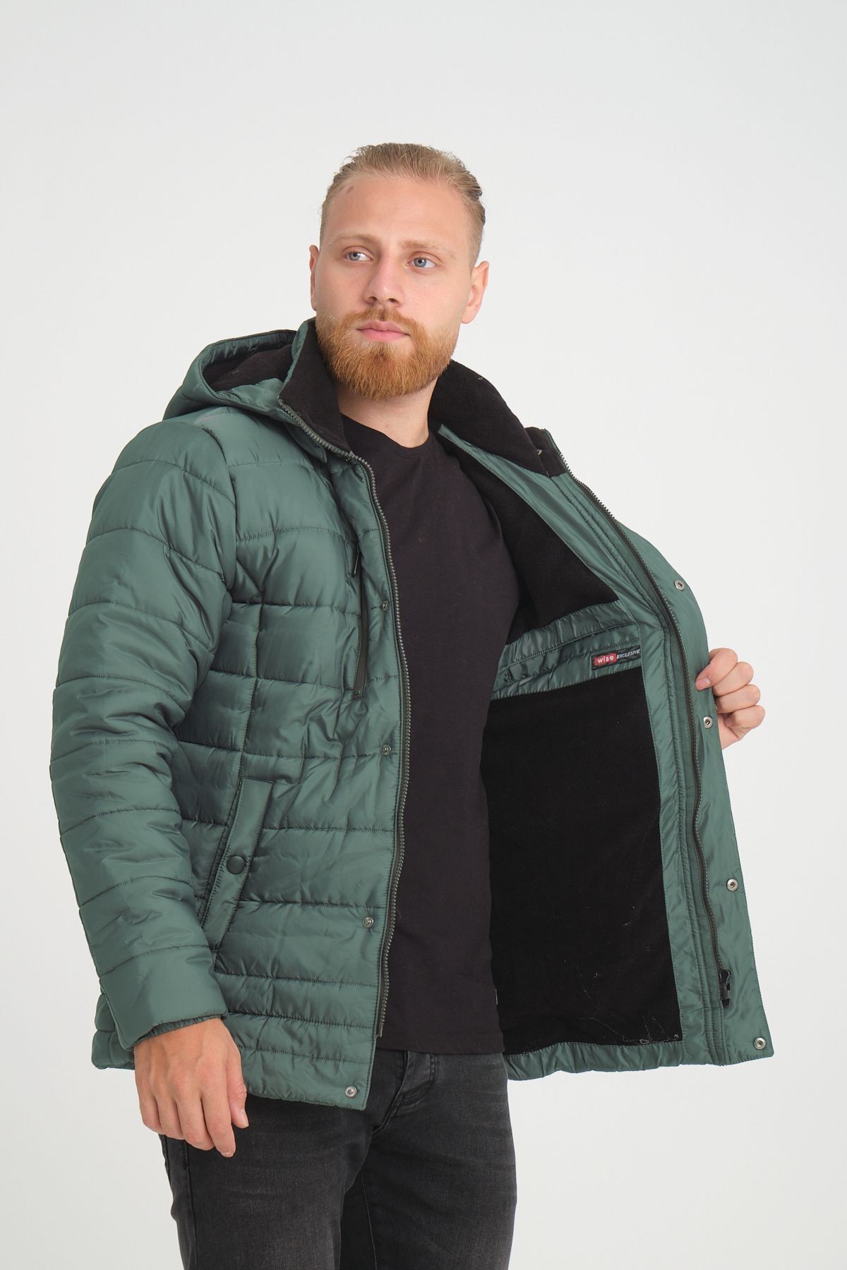 Erkek Kapüşonlu İçi Polarlı %100 Polyester Şişme Mont - yeşil