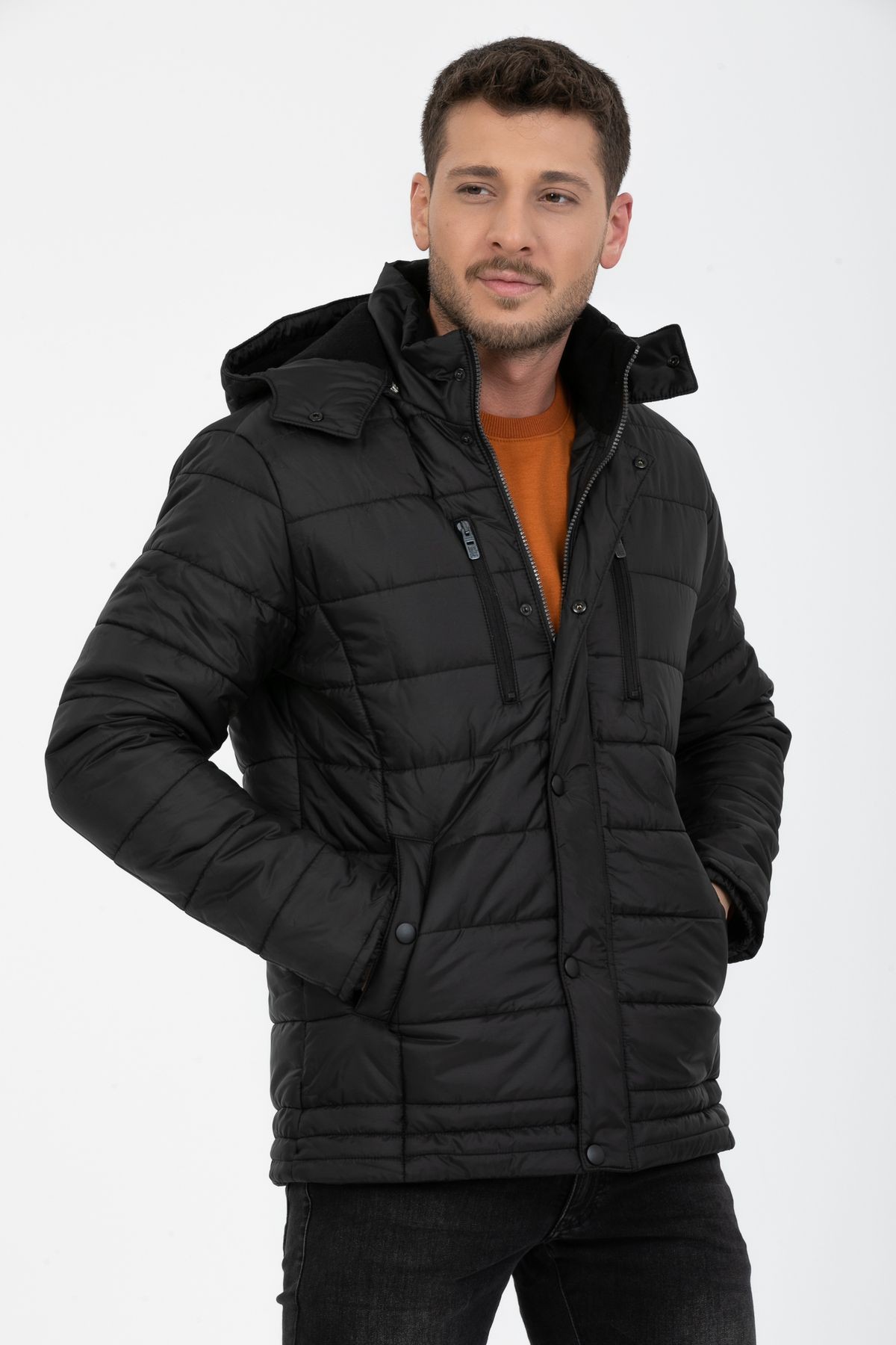 Erkek Kapüşonlu İçi Polarlı %100 Polyester Şişme Mont - Siyah