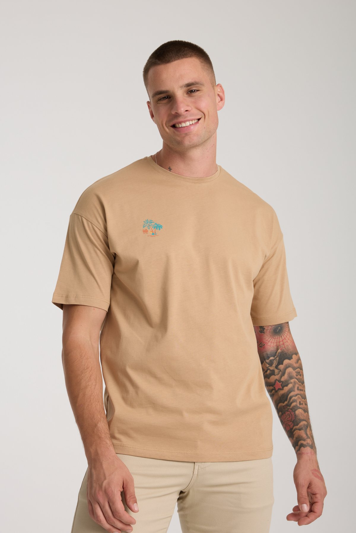 Erkek Camel Oversize Sırt Baskılı %100 Pamuk T-shirt - camel
