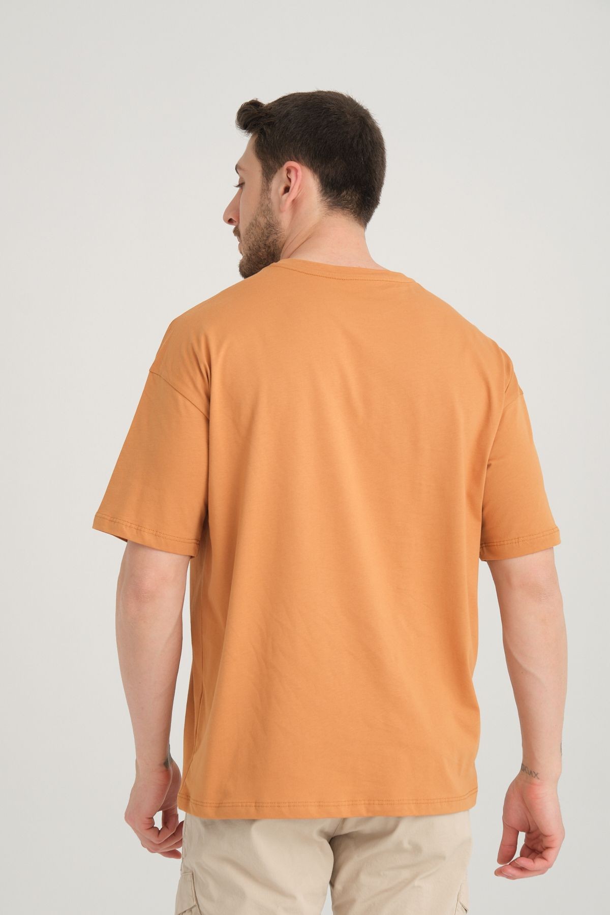 Erkek Oversize %100 Pamuk Baskılı T-shirt - bakır