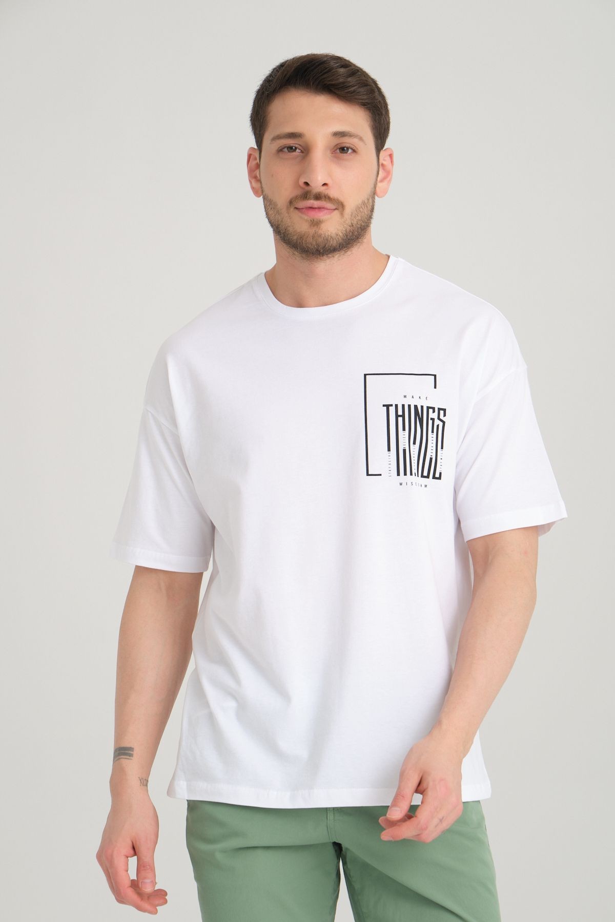 Erkek Oversize %100 Pamuk Baskılı T-shirt - beyaz