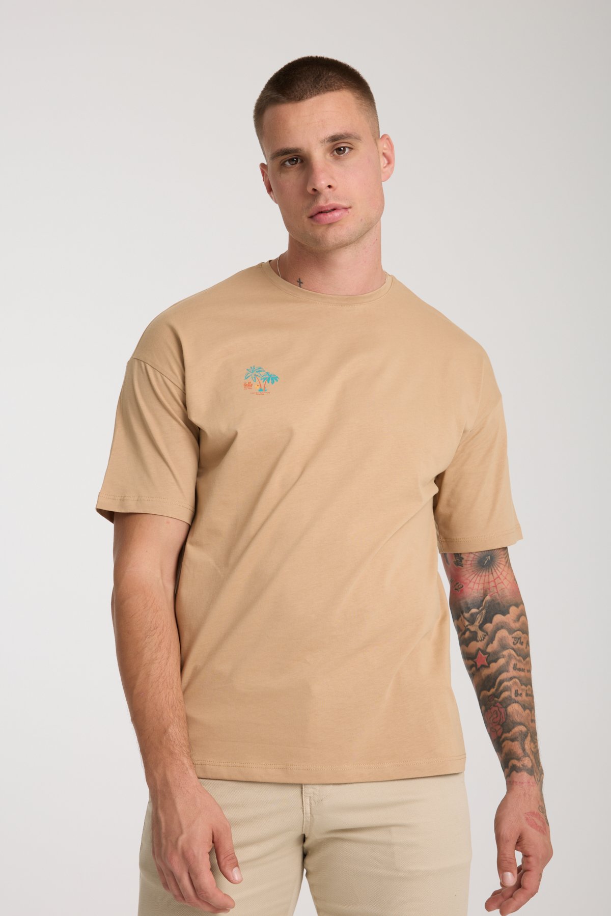 Erkek Camel Oversize Sırt Baskılı %100 Pamuk T-shirt