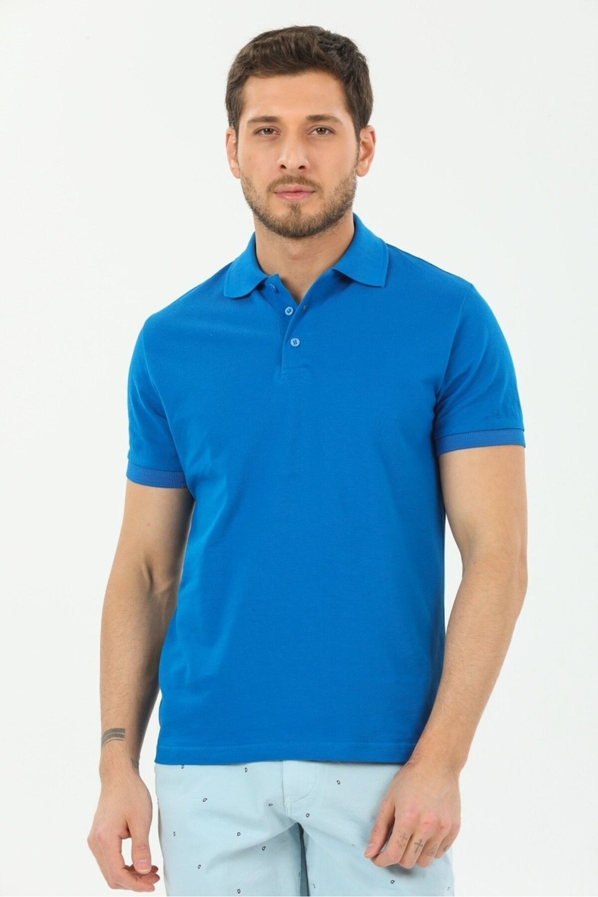 Erkek Polo Yaka Regular Fit  %100 Pamuk Pike Kumaş Polo Yaka T-shirt - saks mavisi