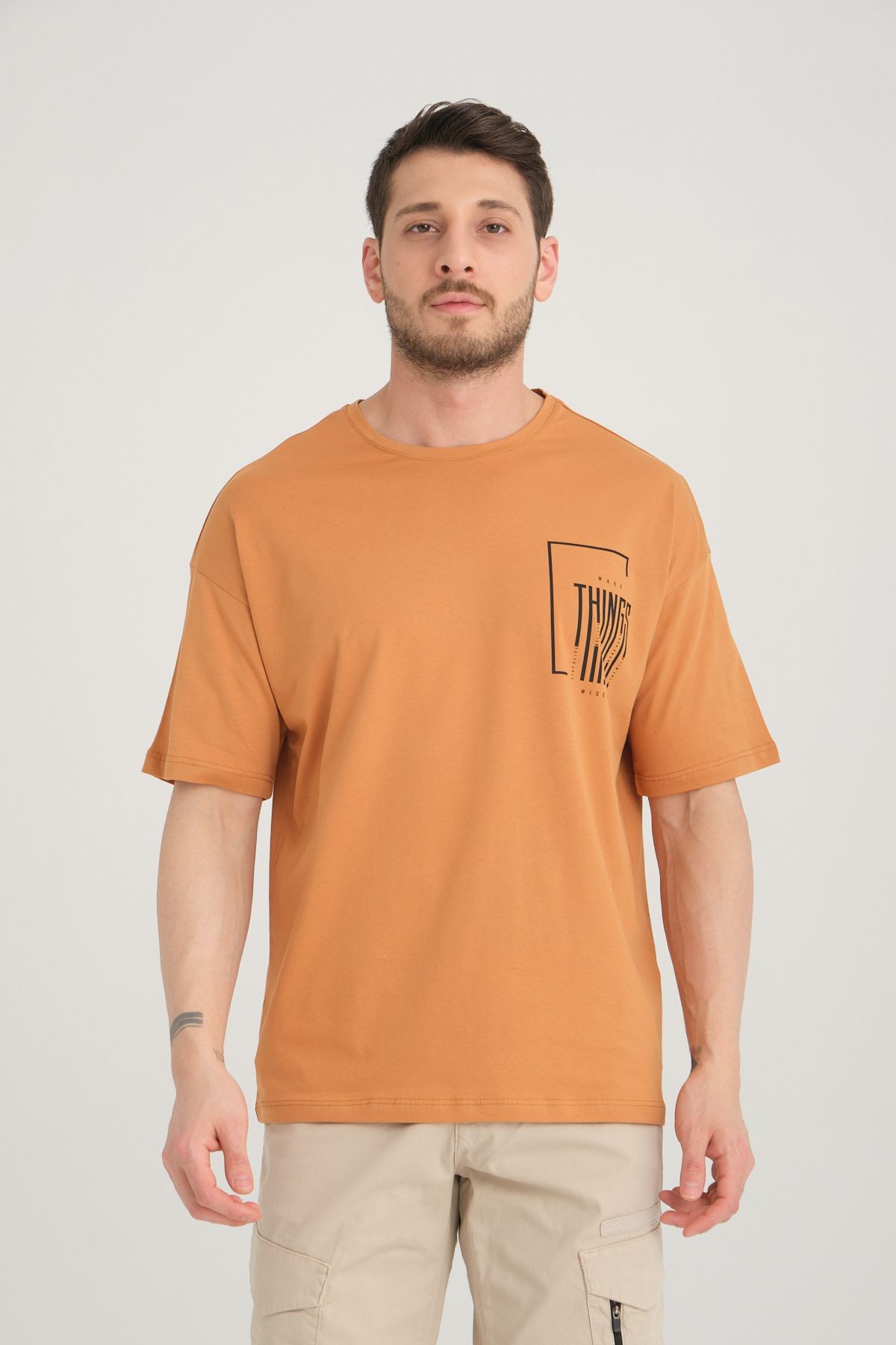 Erkek Oversize %100 Pamuk Baskılı T-shirt - bakır