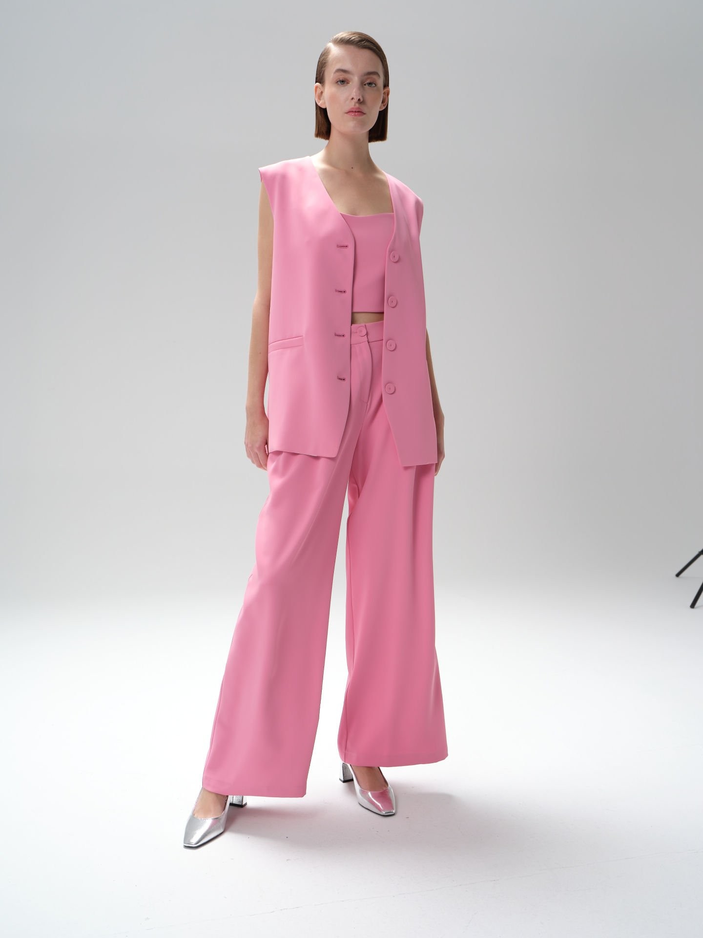 Fleto Cepli Düğmeli Oversize Yelek - Pembe