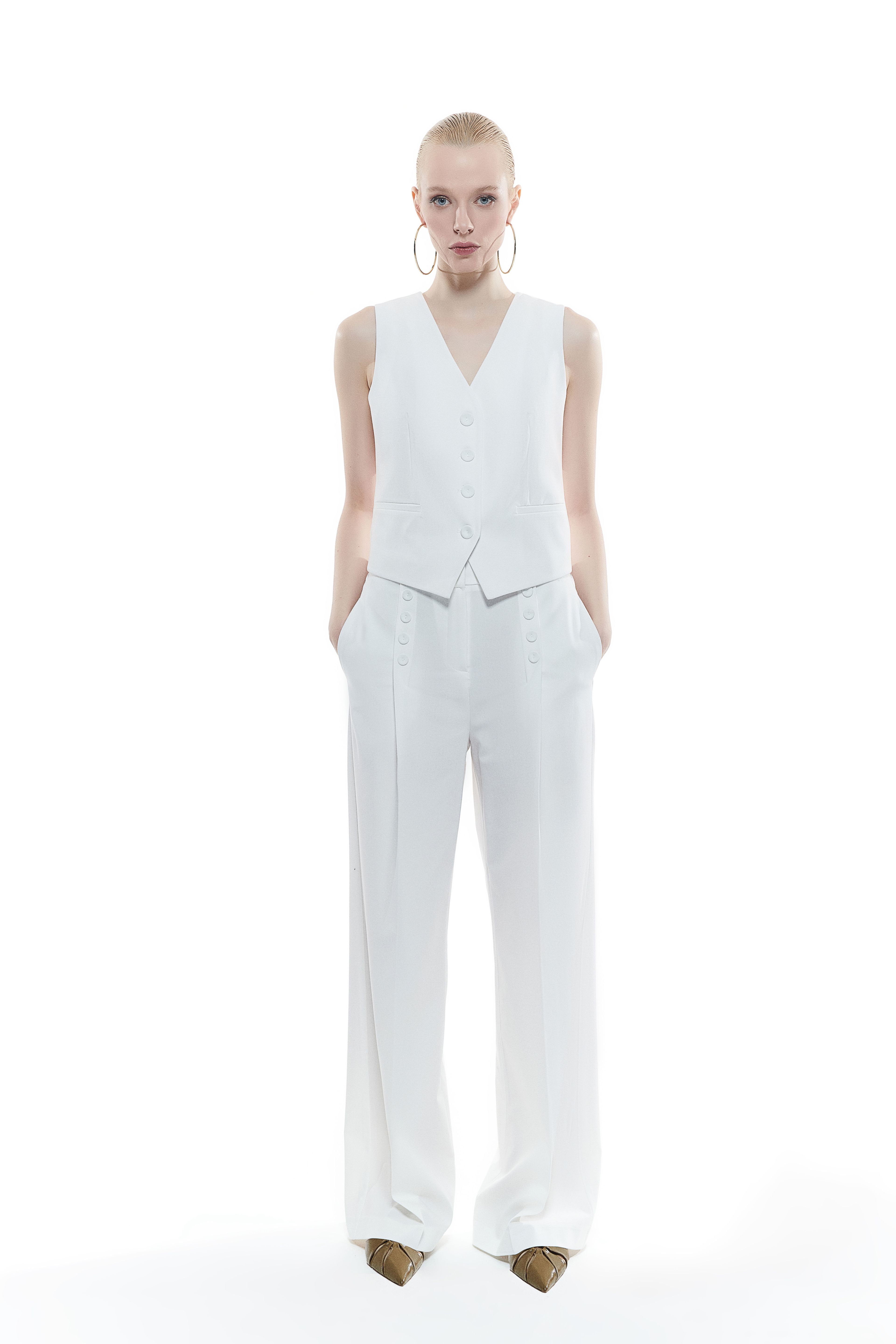 V Neck Buttoned Vest - White
