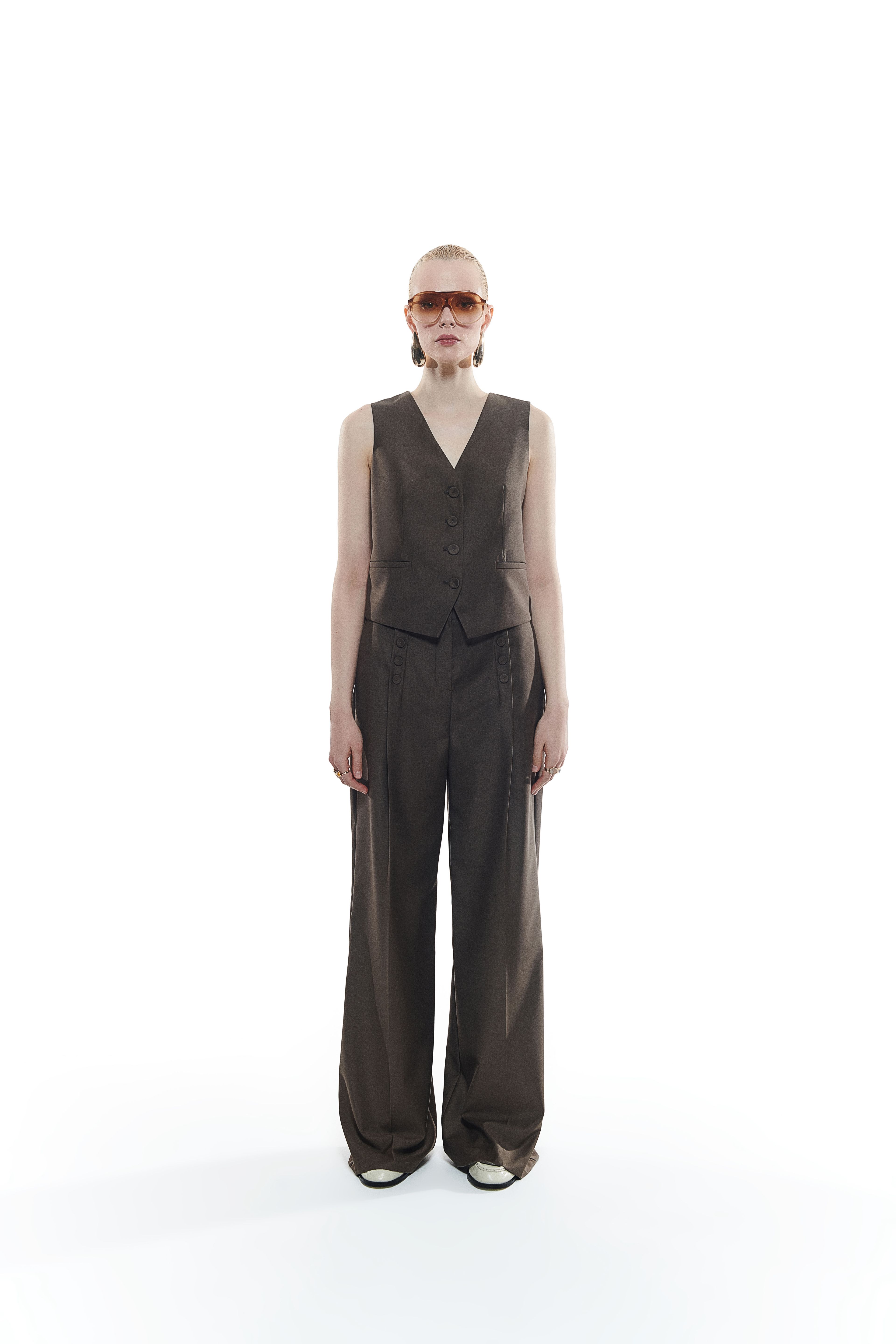 V Neck Buttoned Vest - Khaki