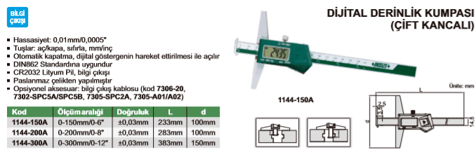 Insize 1144 Dijital Derinlik Kumpası (Çift Kancalı)