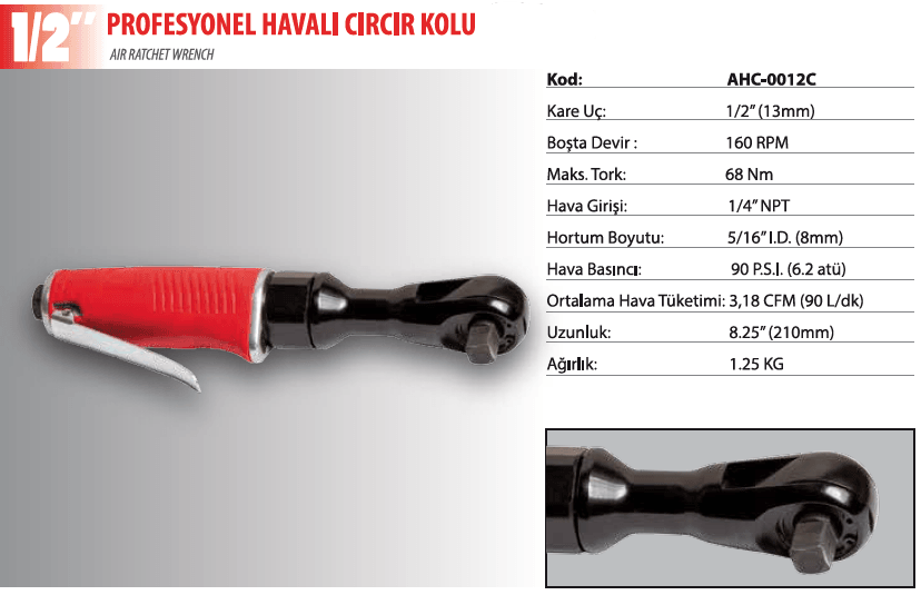 1/2" Profesyonel Havalı Cırcır Kolu AHC-0012C