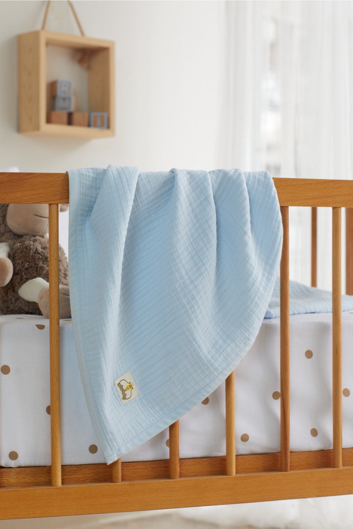 %100 Organik Pamuk 4 Katlı Müslin Bebek Battaniyesi - Bebek Mavisi - 90 x 120 cm