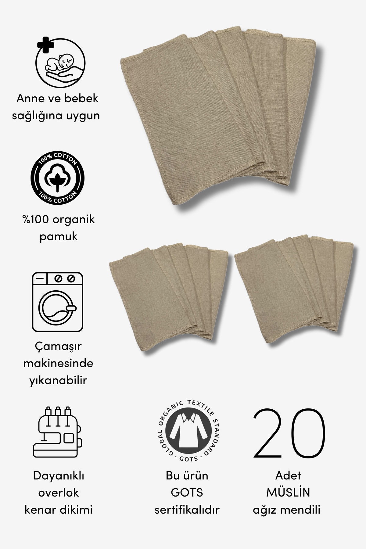20'li Organik Müslin Bebek Ağız Mendili (20CM*20CM) - bej