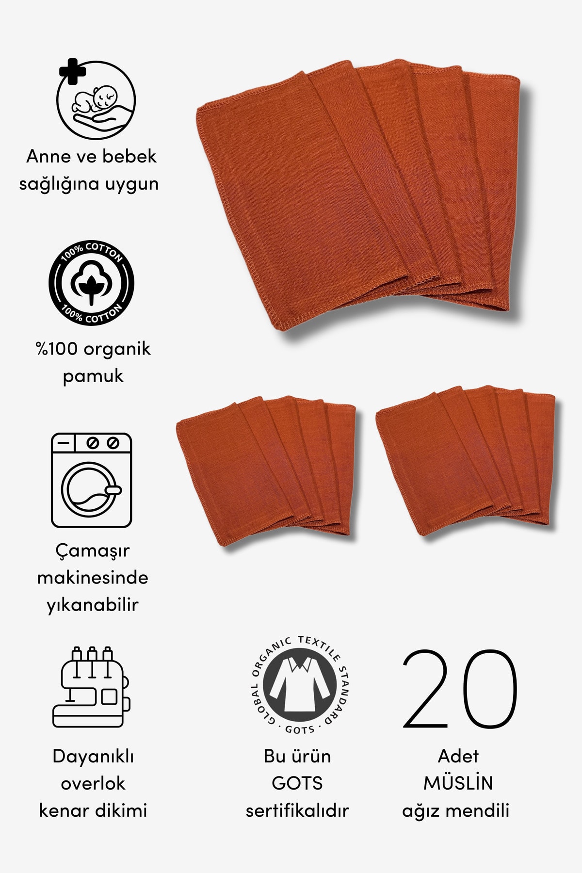 20'li Organik Müslin Bebek Ağız Mendili (20CM*20CM) - kiremit