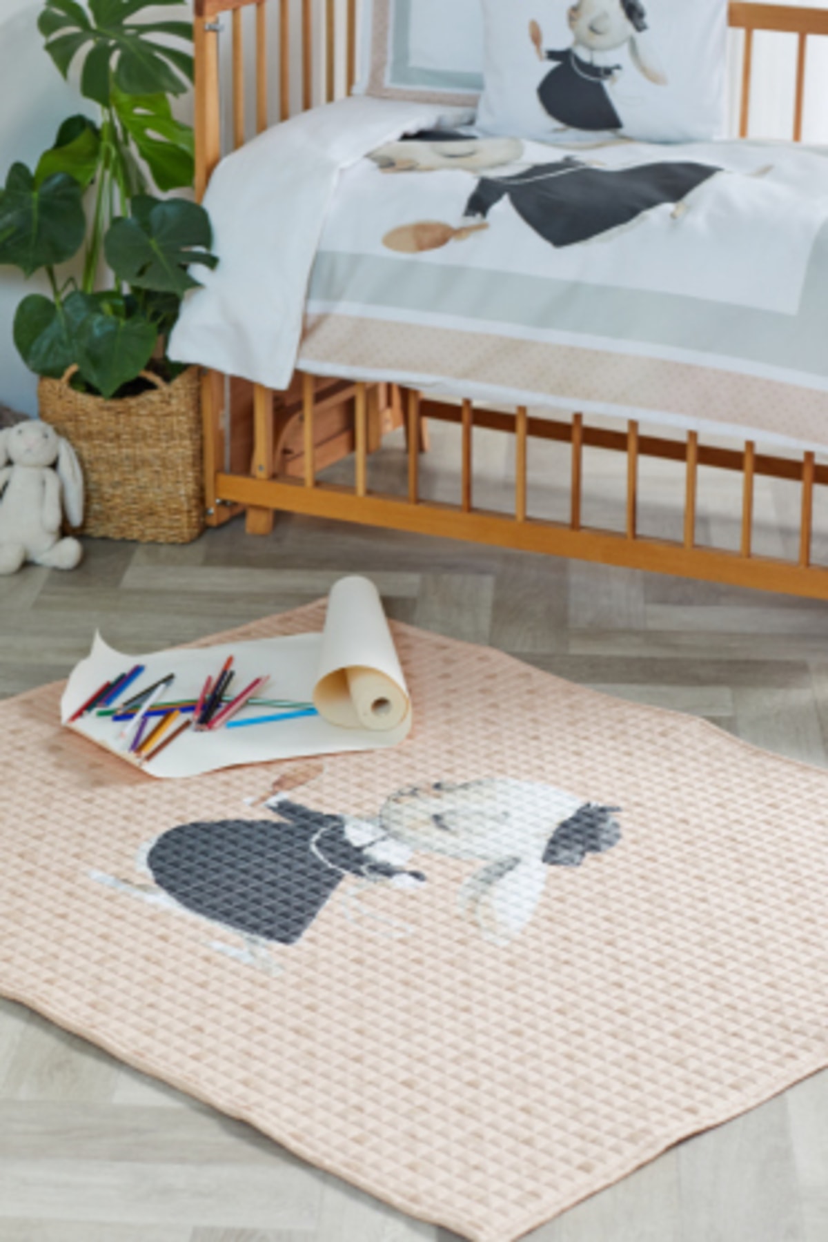 %100 Organik Pamuk Çocuk Oyun Matı - Puantiyeli Tavşan Temalı - Pembe - 120 x 150 cm