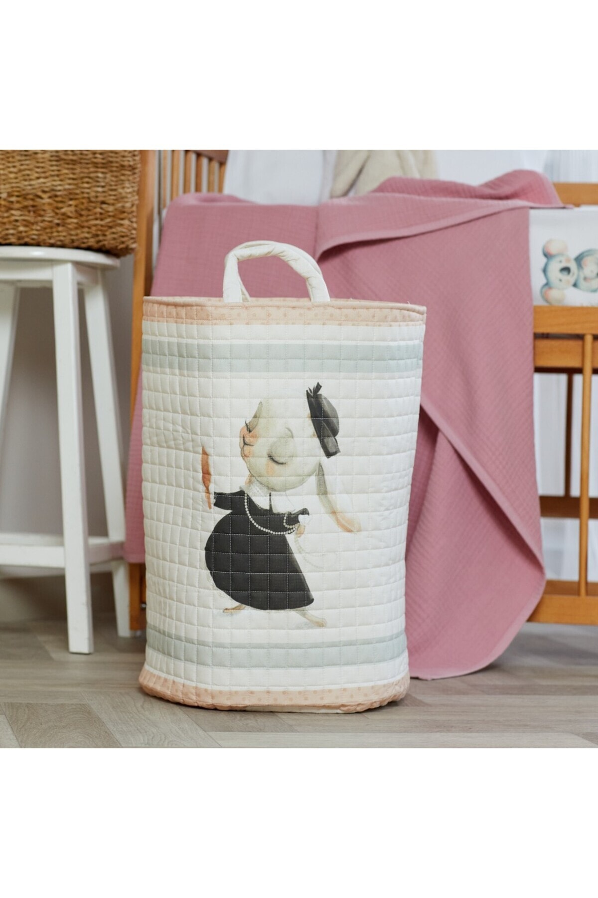 %100 Organik Pamuk Çocuk Oyuncak Ve Çamaşır Sepeti - Kokoş Tavşan Temalı - Beyaz - 55 X 40 Cm - pembe