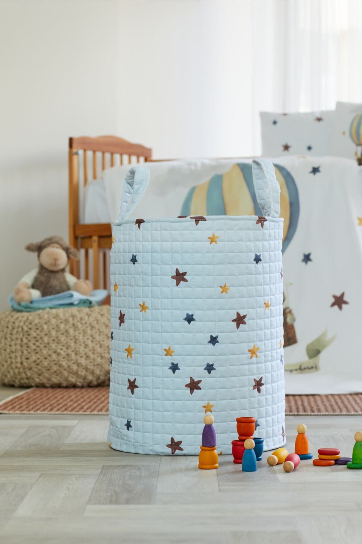 %100 Organik Pamuk Çocuk Oyuncak Ve Çamaşır Sepeti - Araba Ve Yıldız Temalı - Beyaz - 55 X 40 Cm - mavi̇