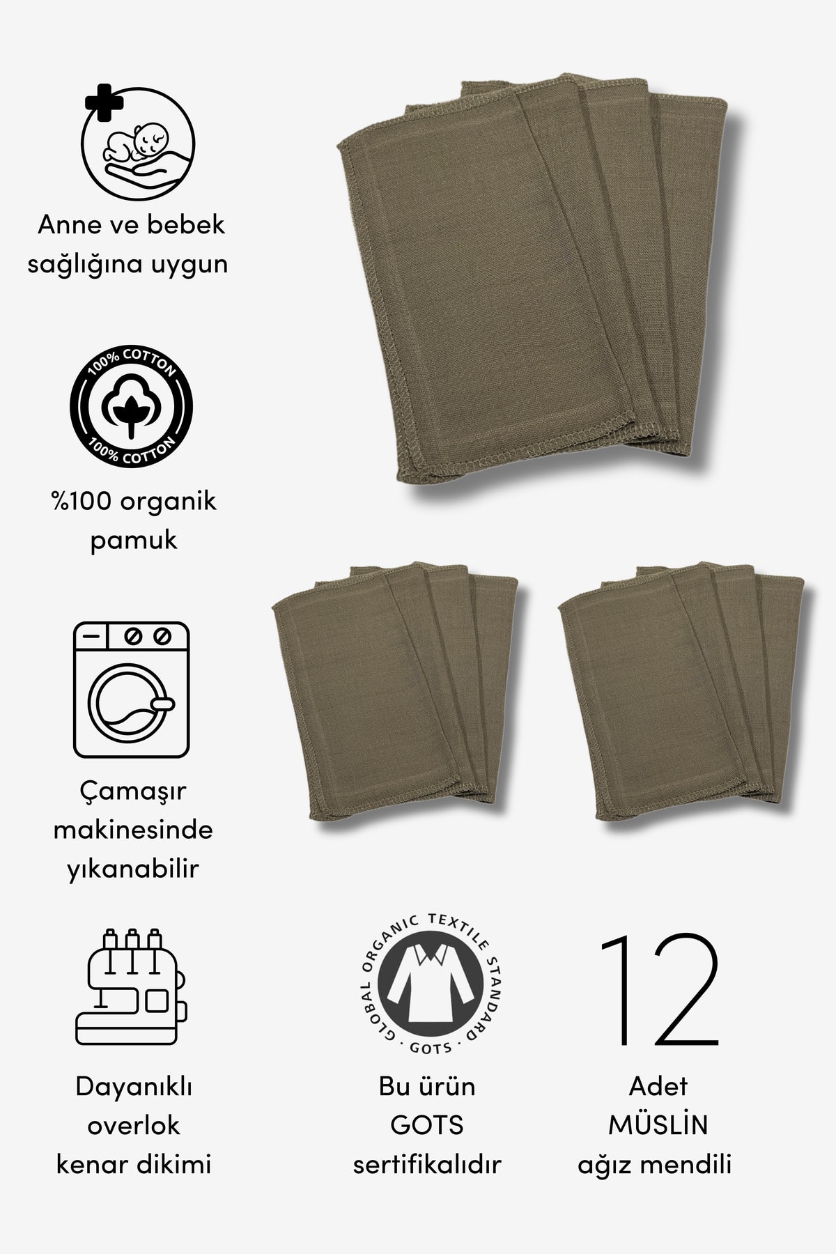12'li Organik Müslin Bebek Ağız Mendili (20CM*20CM) - haki