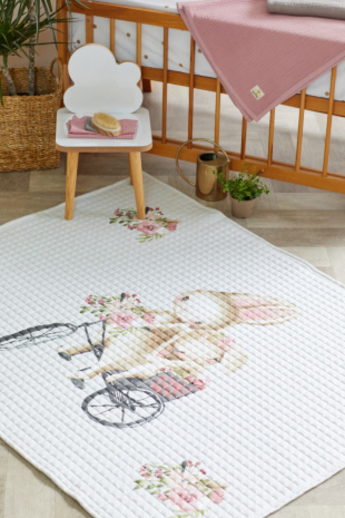 %100 Organik Pamuk Çocuk Oyun Matı - Çiçek Ve Tavşan Temalı - 120 X 150 Cm
