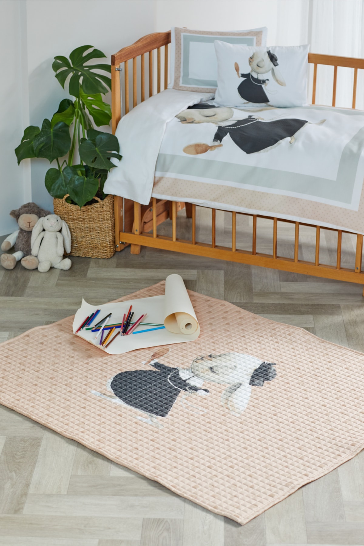 %100 Organik Pamuk Çocuk Oyun Matı - Puantiyeli Tavşan Temalı - Pembe - 120 x 150 cm - çok renkli