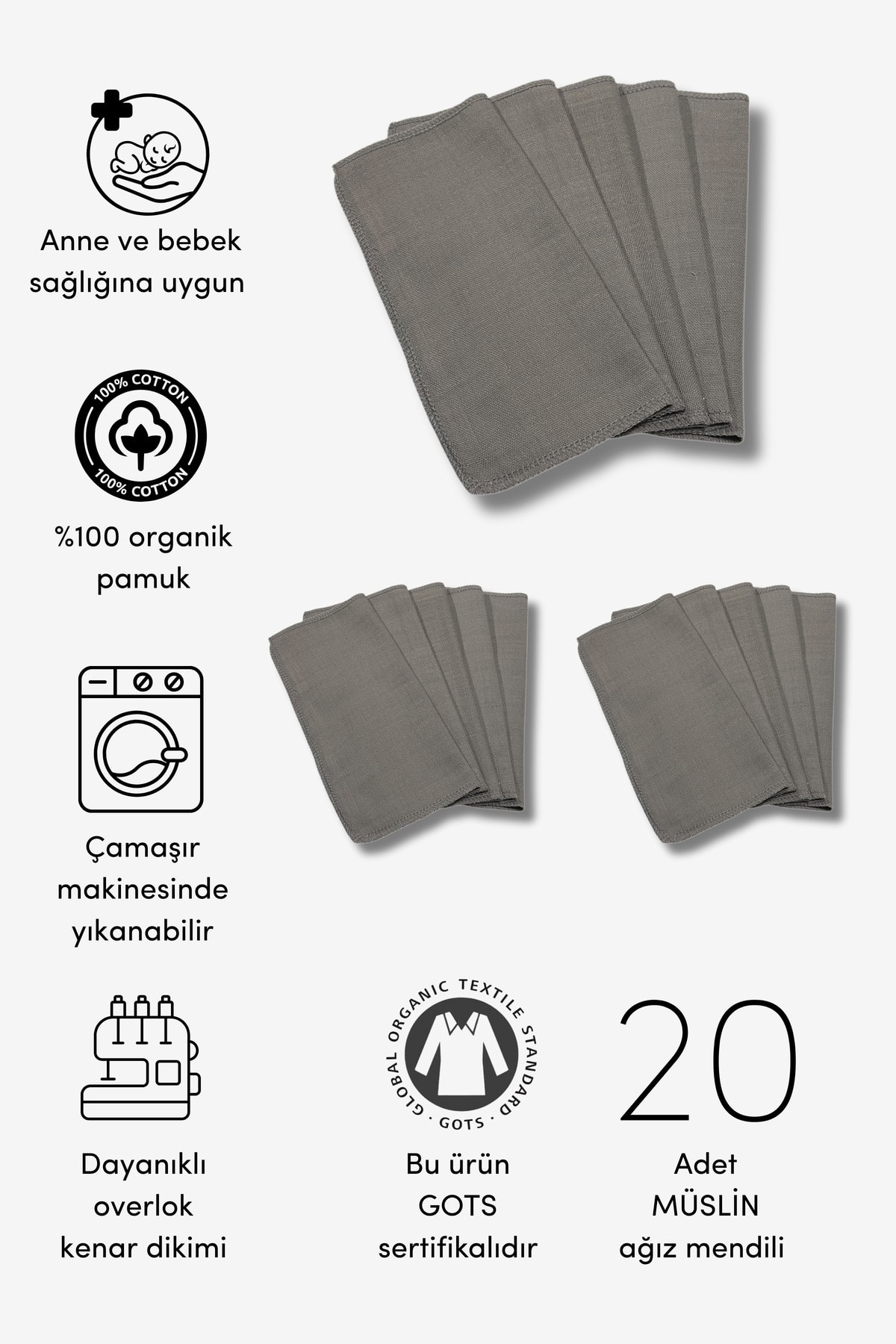 20'li Organik Müslin Bebek Ağız Mendili (20CM*20CM) - gri