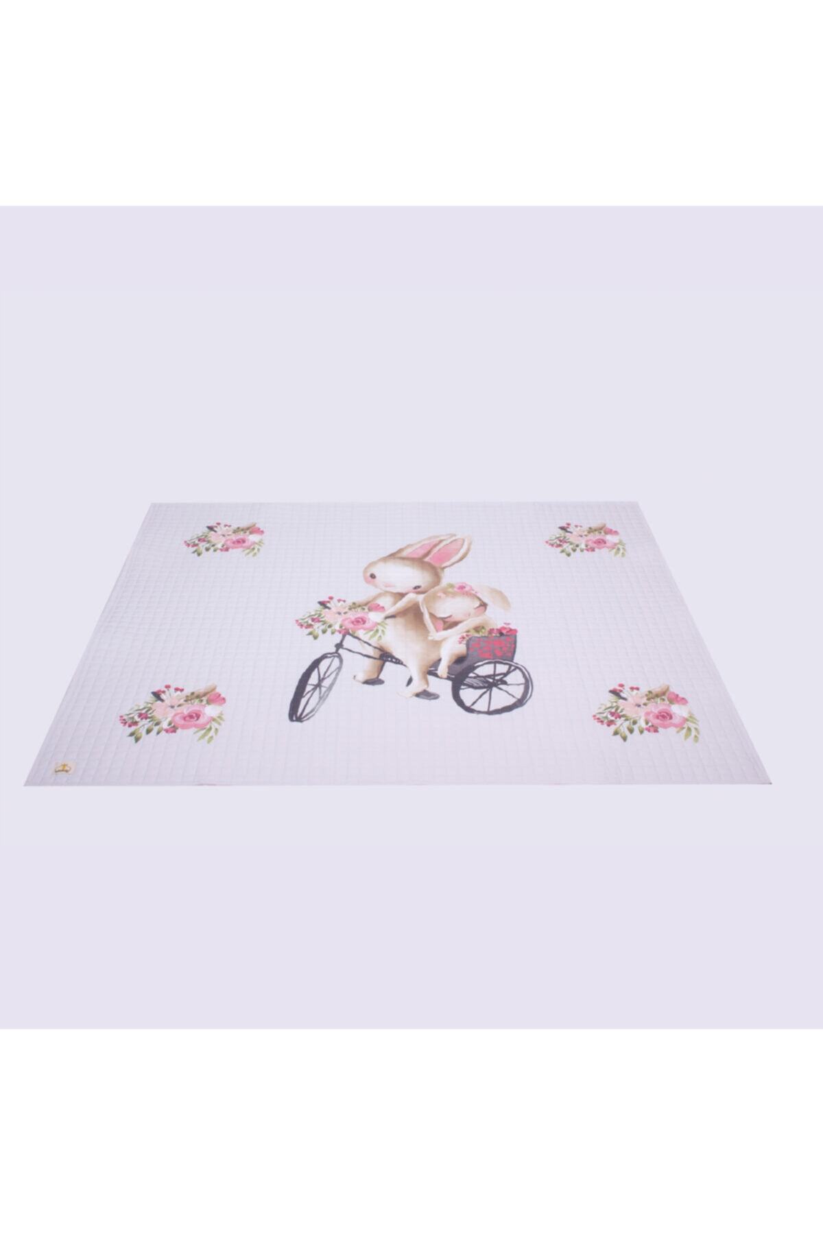 %100 Organik Pamuk Çocuk Oyun Matı - Çiçek Ve Tavşan Temalı - 120 X 150 Cm
