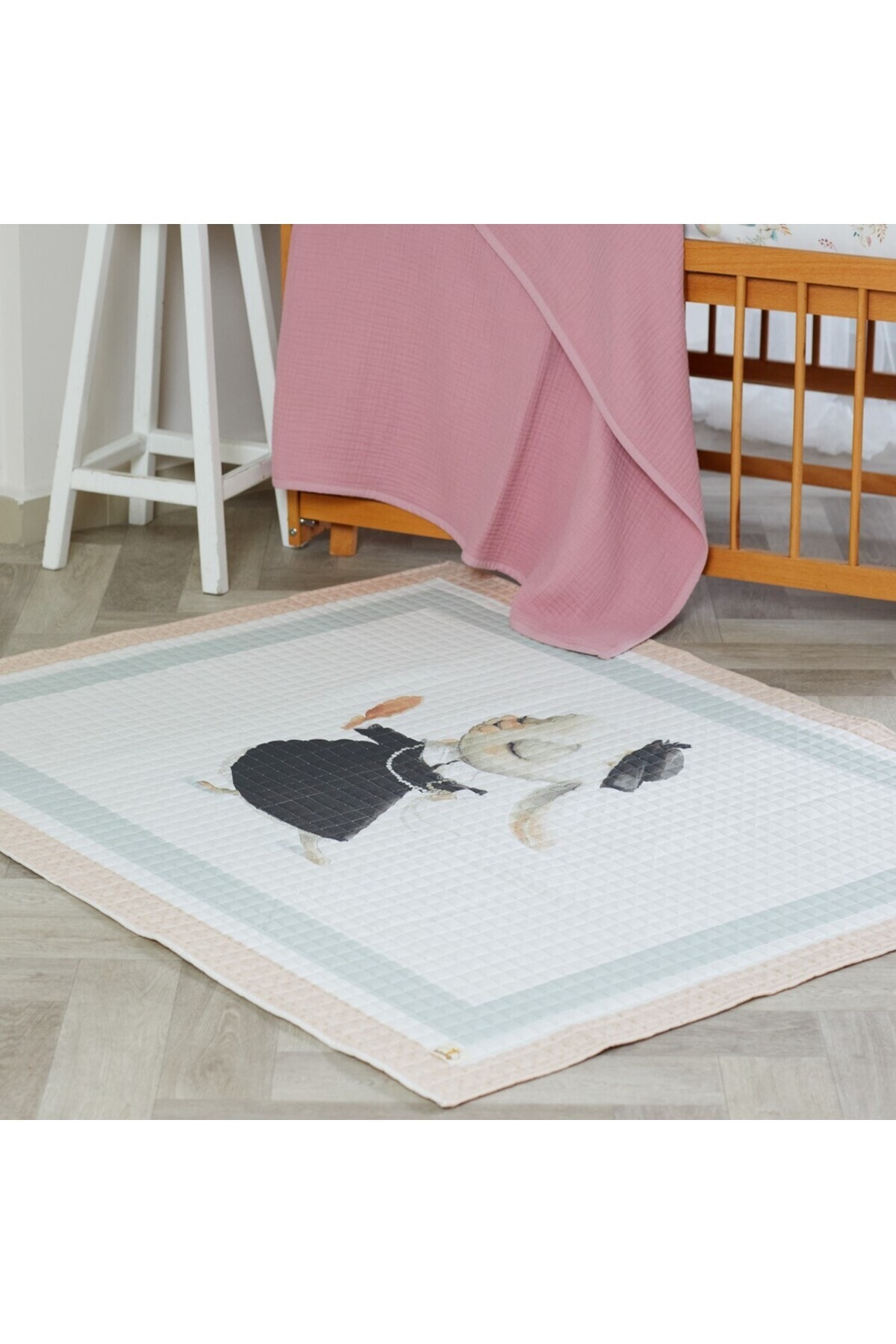 %100 Organik Pamuk Çocuk Oyun Matı - Kokoş Tavşan Temalı - 120 X 150 Cm