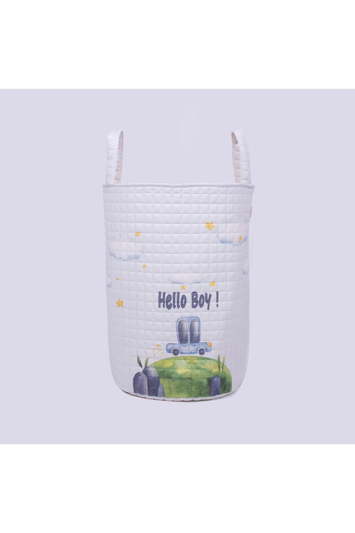 %100 Organik Pamuk Çocuk Oyuncak Ve Çamaşır Sepeti - Araba Ve Yıldız Temalı - Beyaz - 55 X 40 Cm