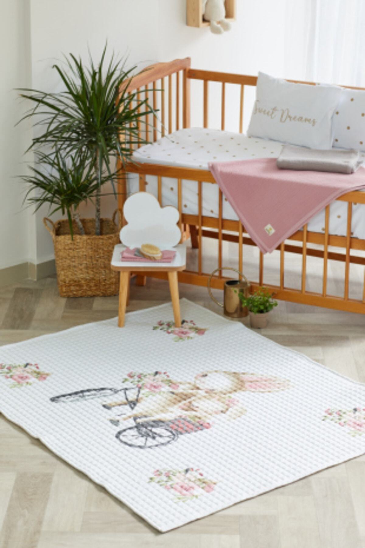 %100 Organik Pamuk Çocuk Oyun Matı - Çiçek Ve Tavşan Temalı - 120 X 150 Cm - çok renkli