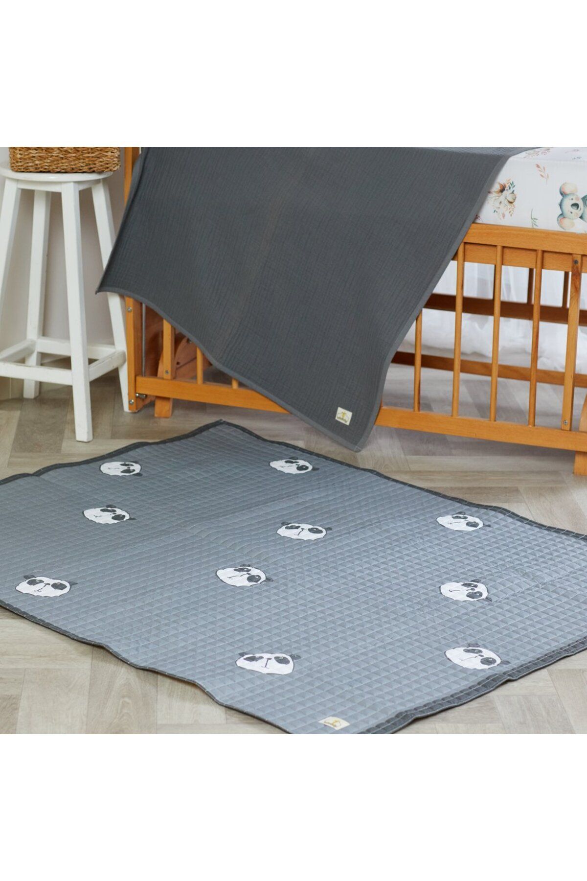 %100 Organik Pamuk Çocuk Oyun Matı - Panda Temalı - Antrasit - 120 X 150 Cm - antrasi?t