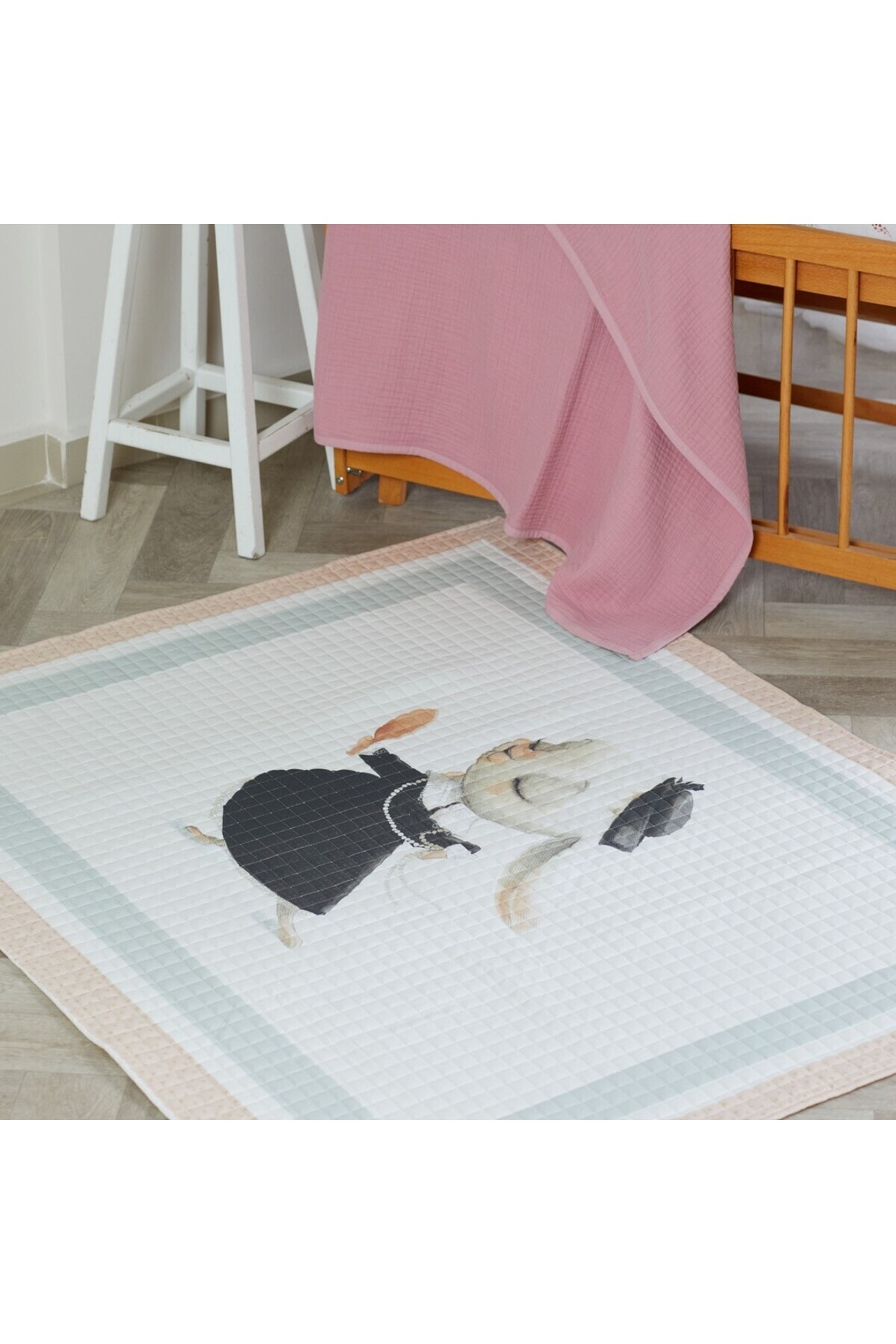 %100 Organik Pamuk Çocuk Oyun Matı - Kokoş Tavşan Temalı - 120 X 150 Cm - pembe