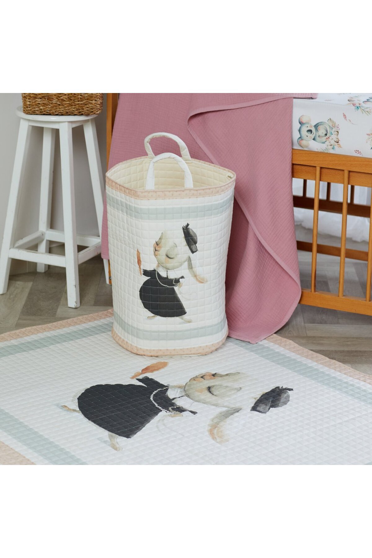 %100 Organik Pamuk Çocuk Oyuncak Ve Çamaşır Sepeti - Kokoş Tavşan Temalı - Beyaz - 55 X 40 Cm