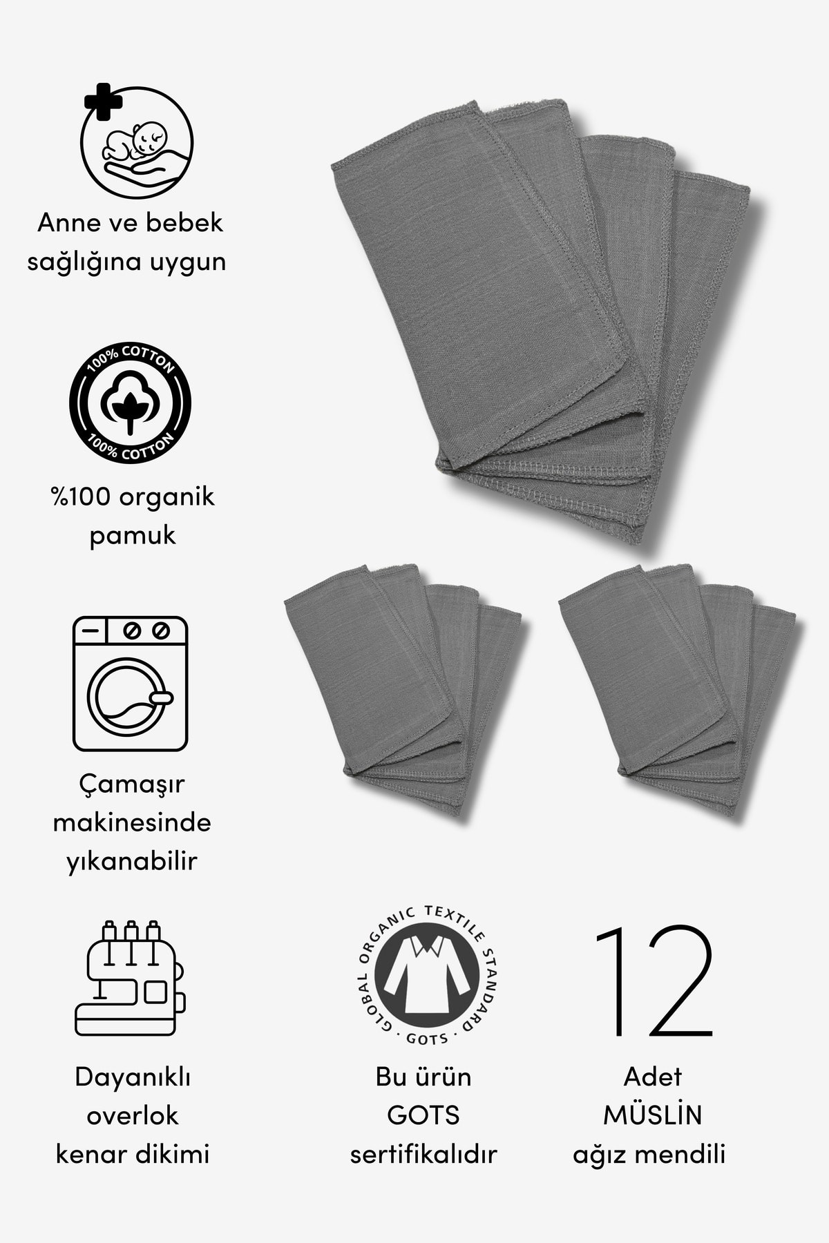 12'li Organik Müslin Bebek Ağız Mendili (20CM*20CM) - gri