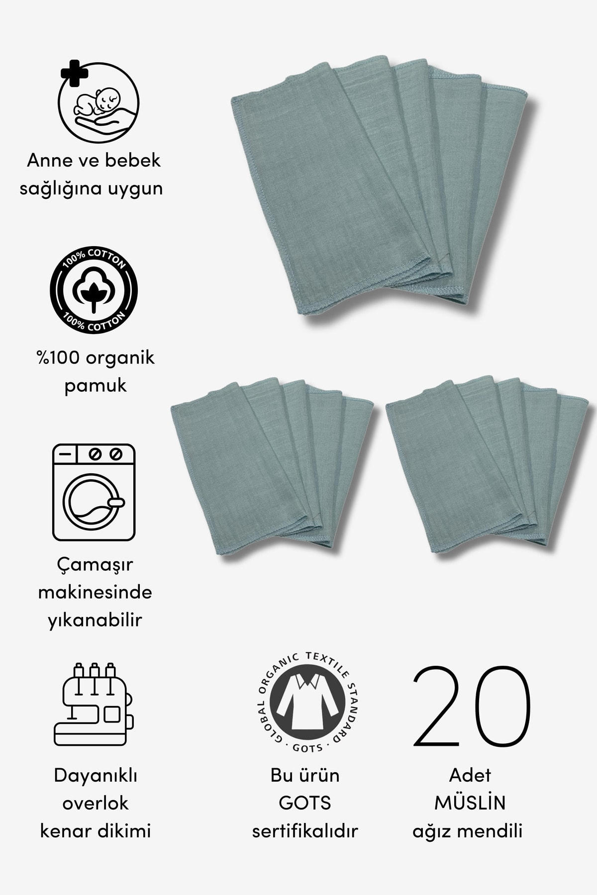 20'li Organik Müslin Bebek Ağız Mendili (20CM*20CM) - mavi