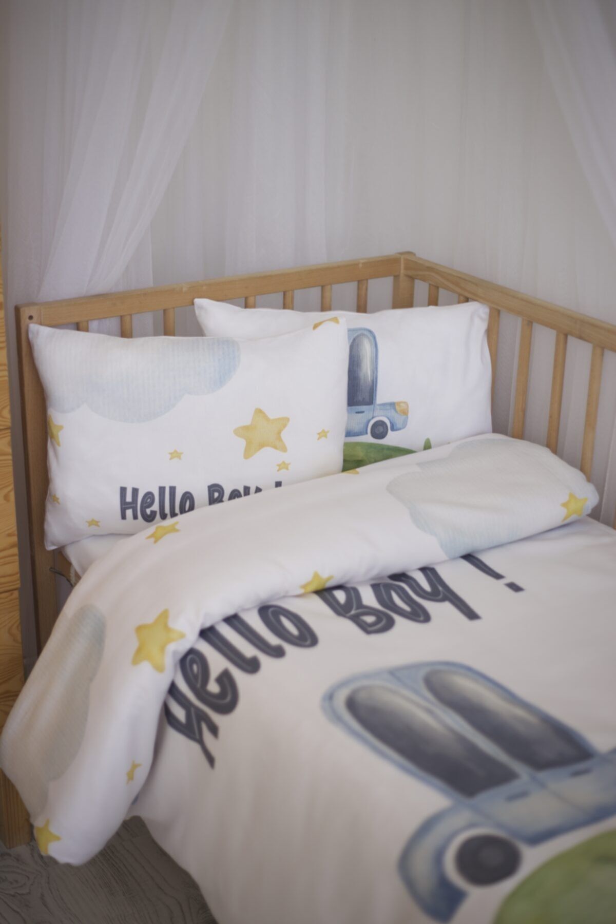 %100 Organik Pamuk Saten Bebek Nevresim Takımı - Araba Ve Yıldız Temalı