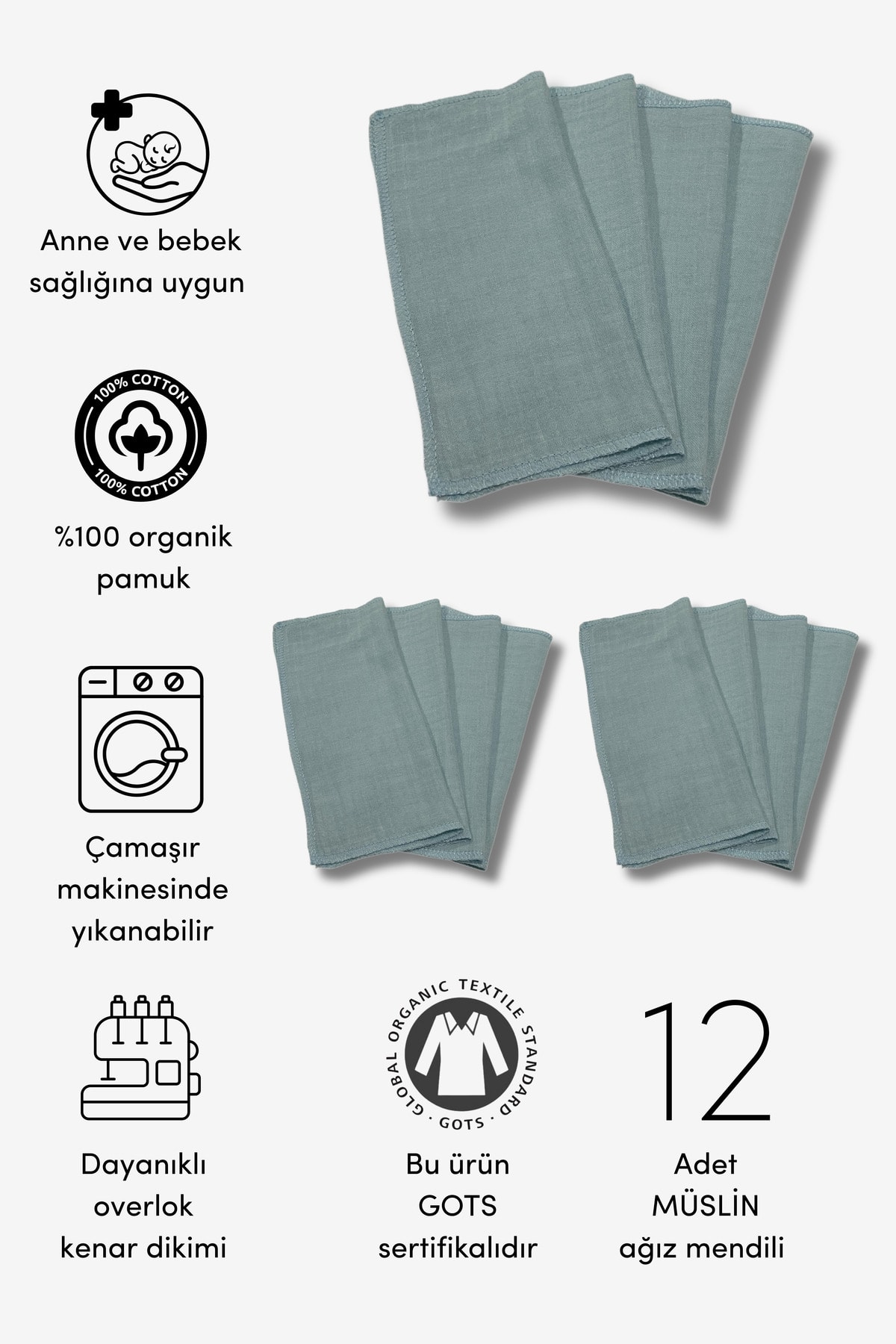 12'li Organik Müslin Bebek Ağız Mendili (20CM*20CM) - mavi