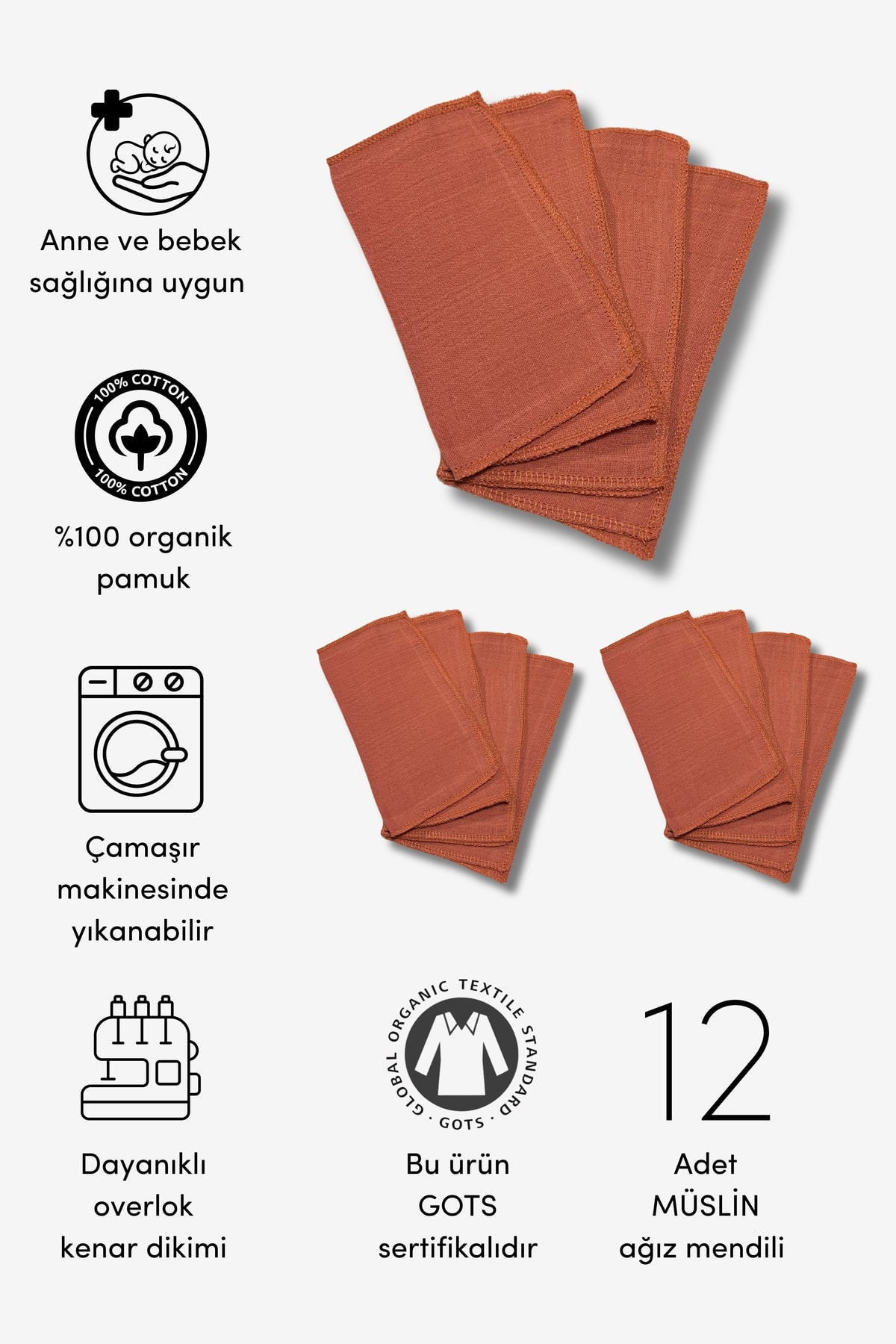 12'li Organik Müslin Bebek Ağız Mendili (20CM*20CM) - kiremit