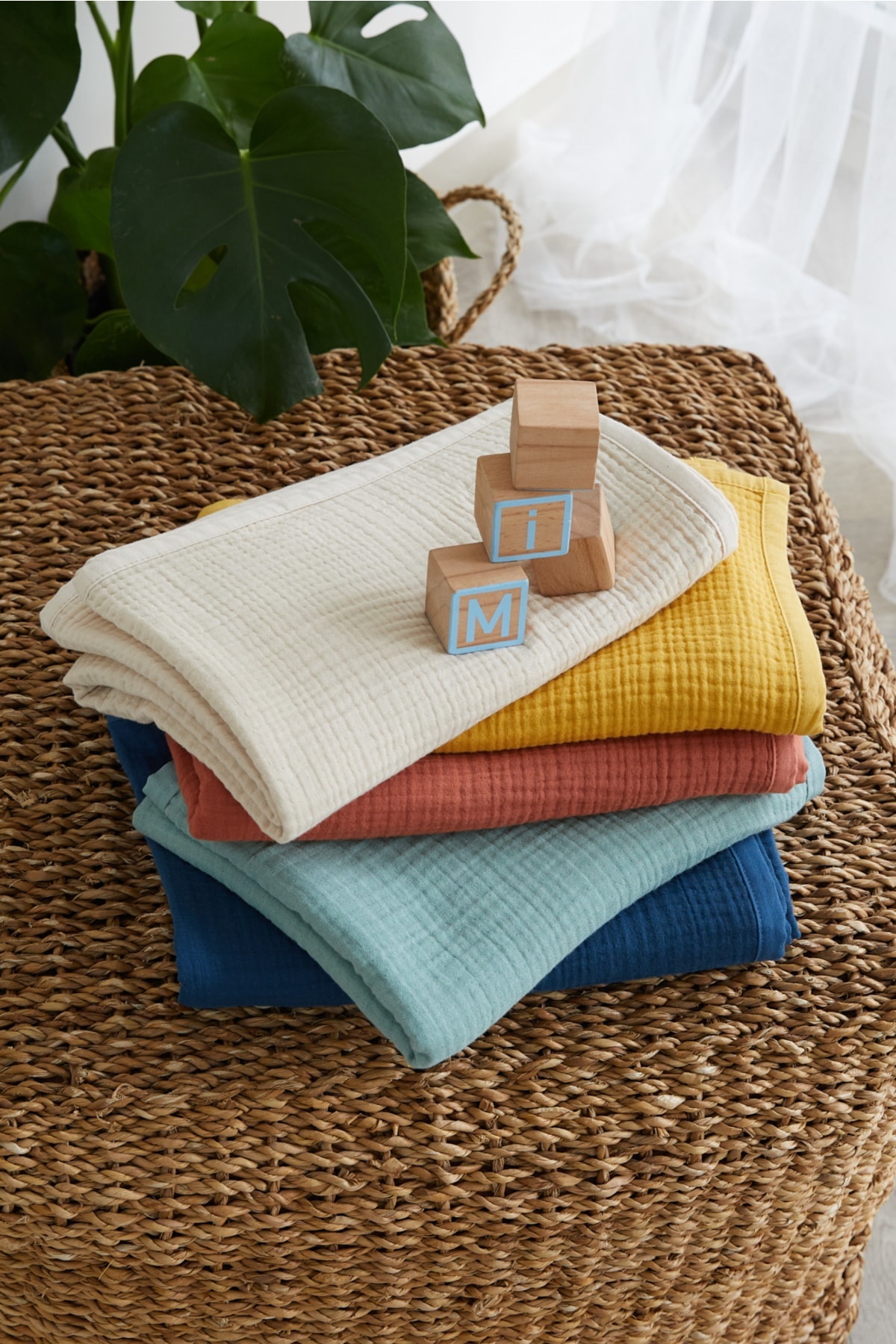 %100 Organik Pamuk 4 Katlı Müslin Bebek Battaniyesi - Bebek Mavisi - 90 x 120 cm