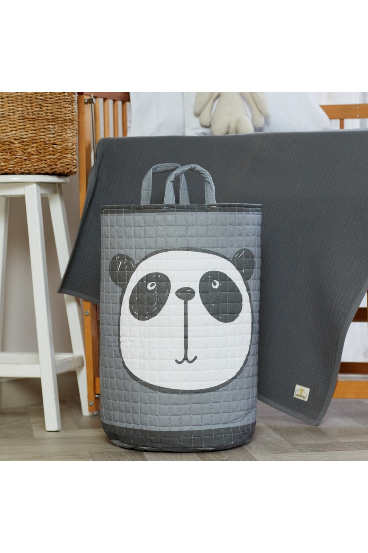 %100 Organik Pamuk Çocuk Oyuncak Ve Çamaşır Sepeti - Kokoş Tavşan Temalı - Beyaz - 55 X 40 Cm - anthrasi?t