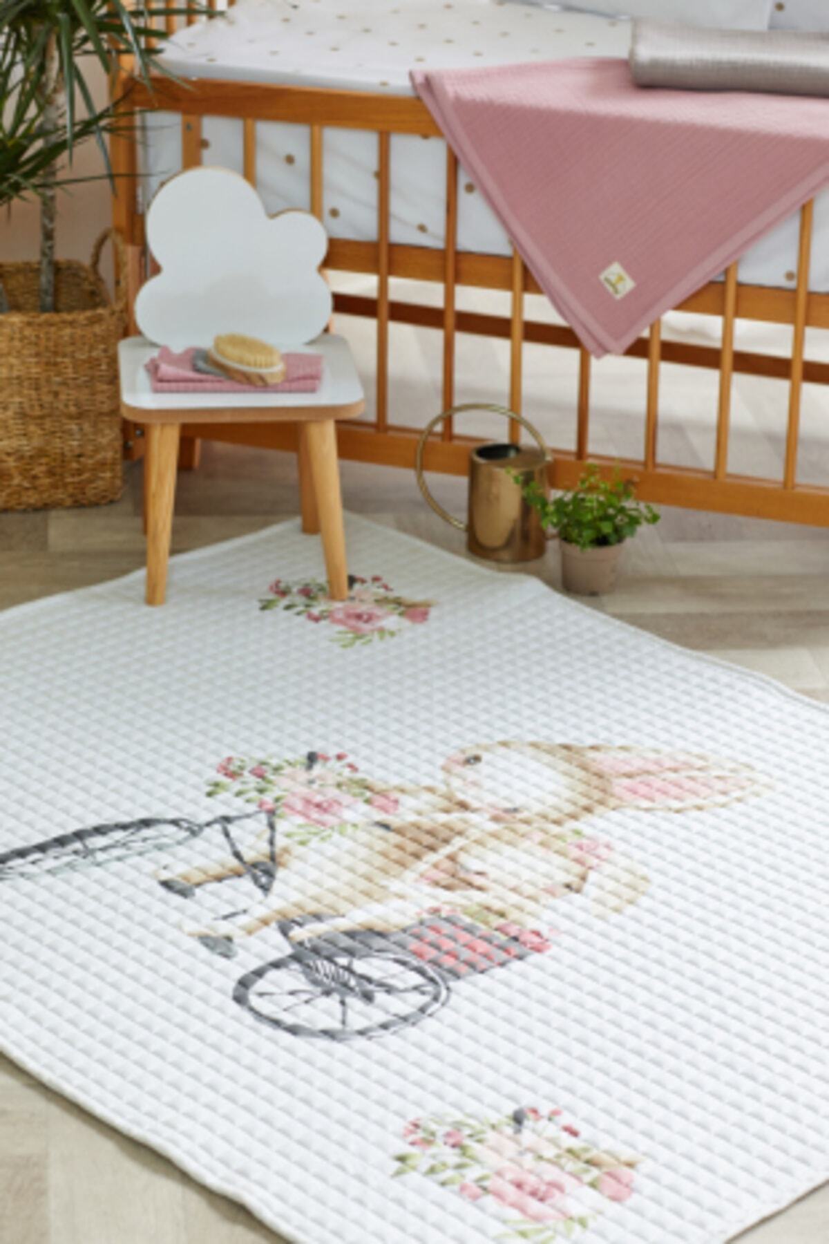 %100 Organik Pamuk Çocuk Oyun Matı - Çiçek Ve Tavşan Temalı - 120 X 150 Cm