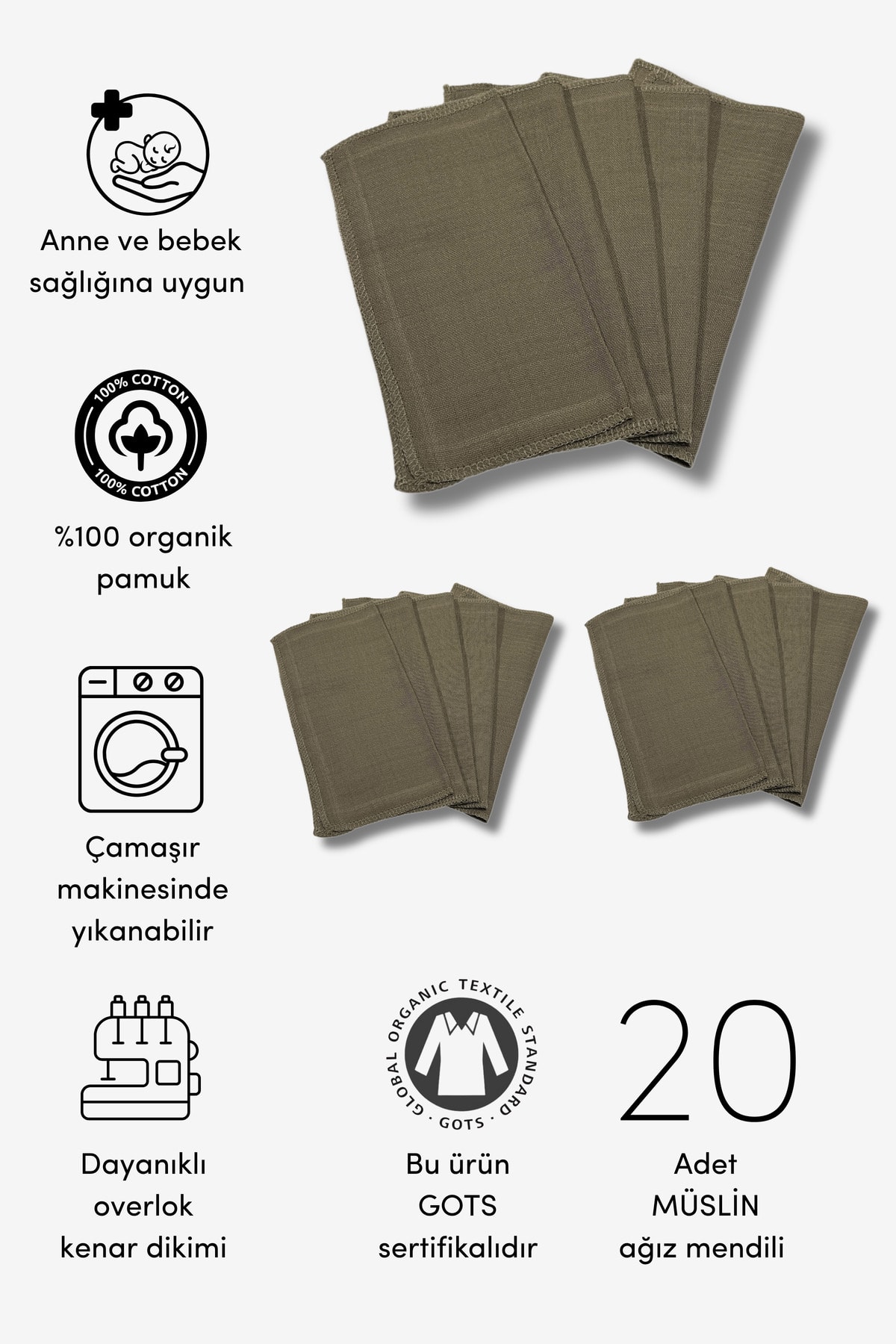 20'li Organik Müslin Bebek Ağız Mendili (20CM*20CM) - haki